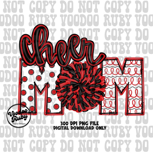 Cheer Mom PNG Design Sublimation Hand Drawn Digital Download Cheer PNG Red Black Cheer Design Cheerleader png Clip Art DTF Printable
