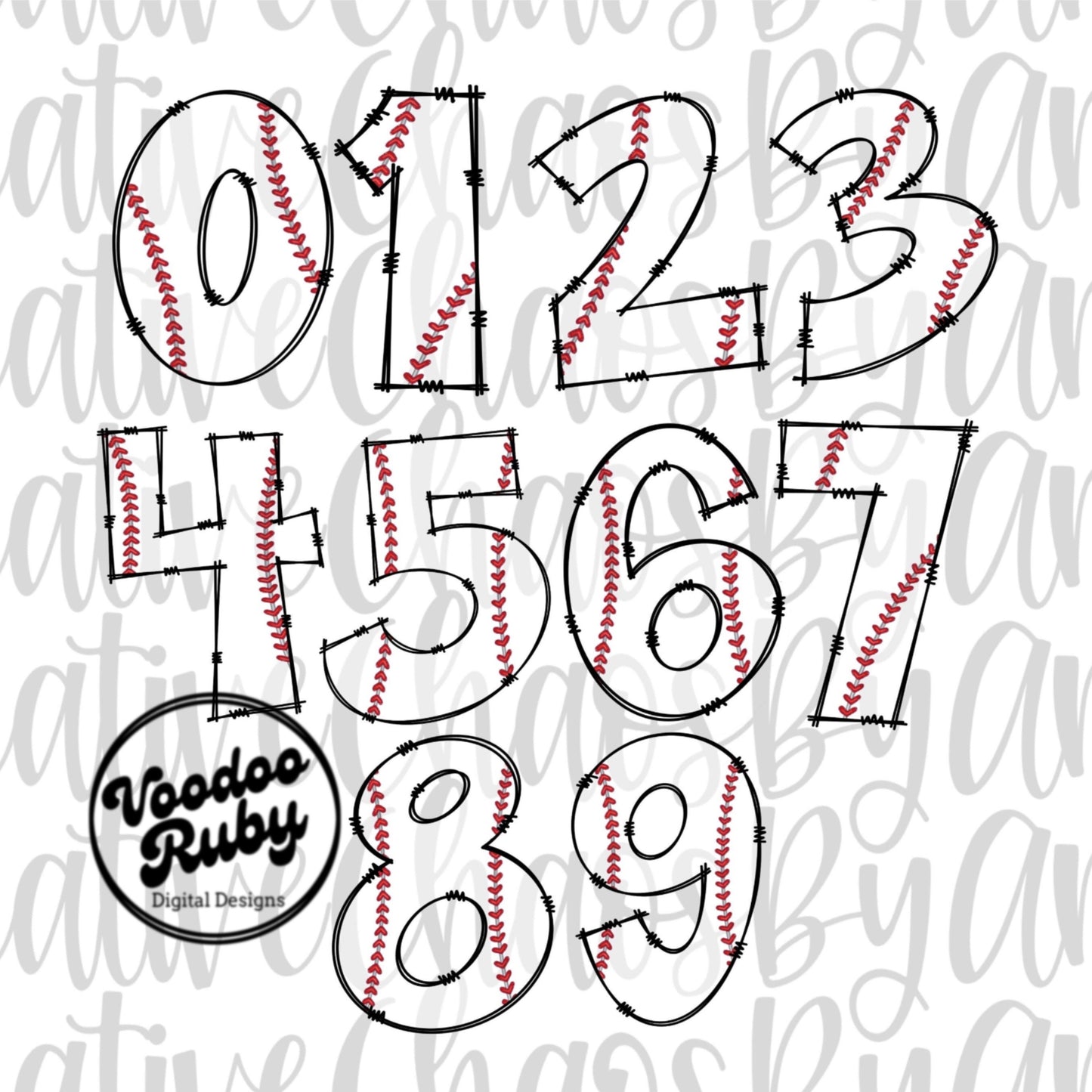 Baseball Doodle Numbers PNG Bundle: Hand Drawn Digital Design (DTF, Sublimation Downloadable Design Files)