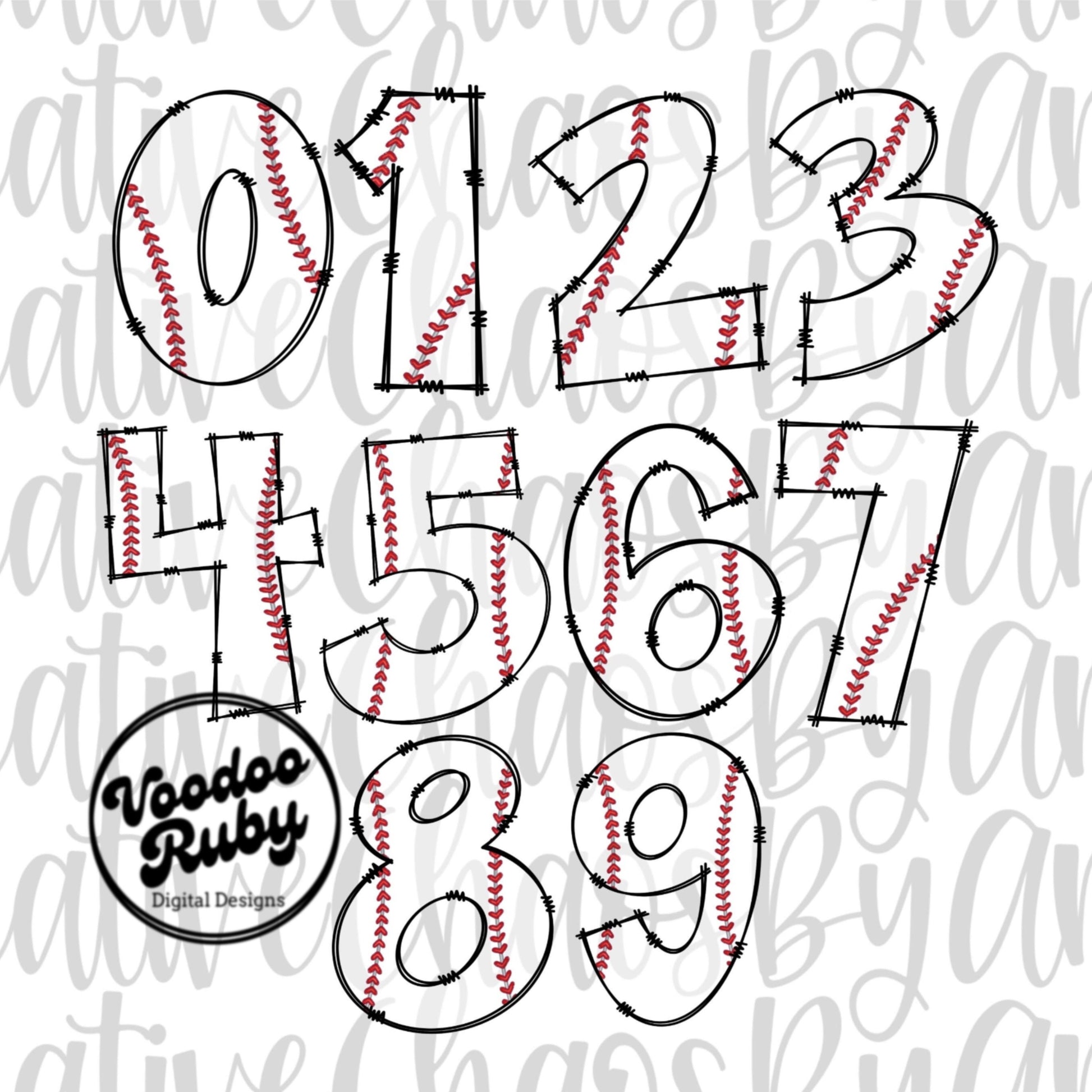 Baseball Doodle Numbers PNG Bundle: Hand Drawn Digital Design (DTF, Sublimation Downloadable Design Files)