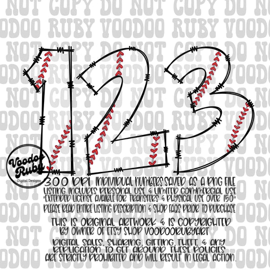 Baseball Doodle Numbers PNG Bundle: Hand Drawn Digital Design (DTF, Sublimation Downloadable Design Files)