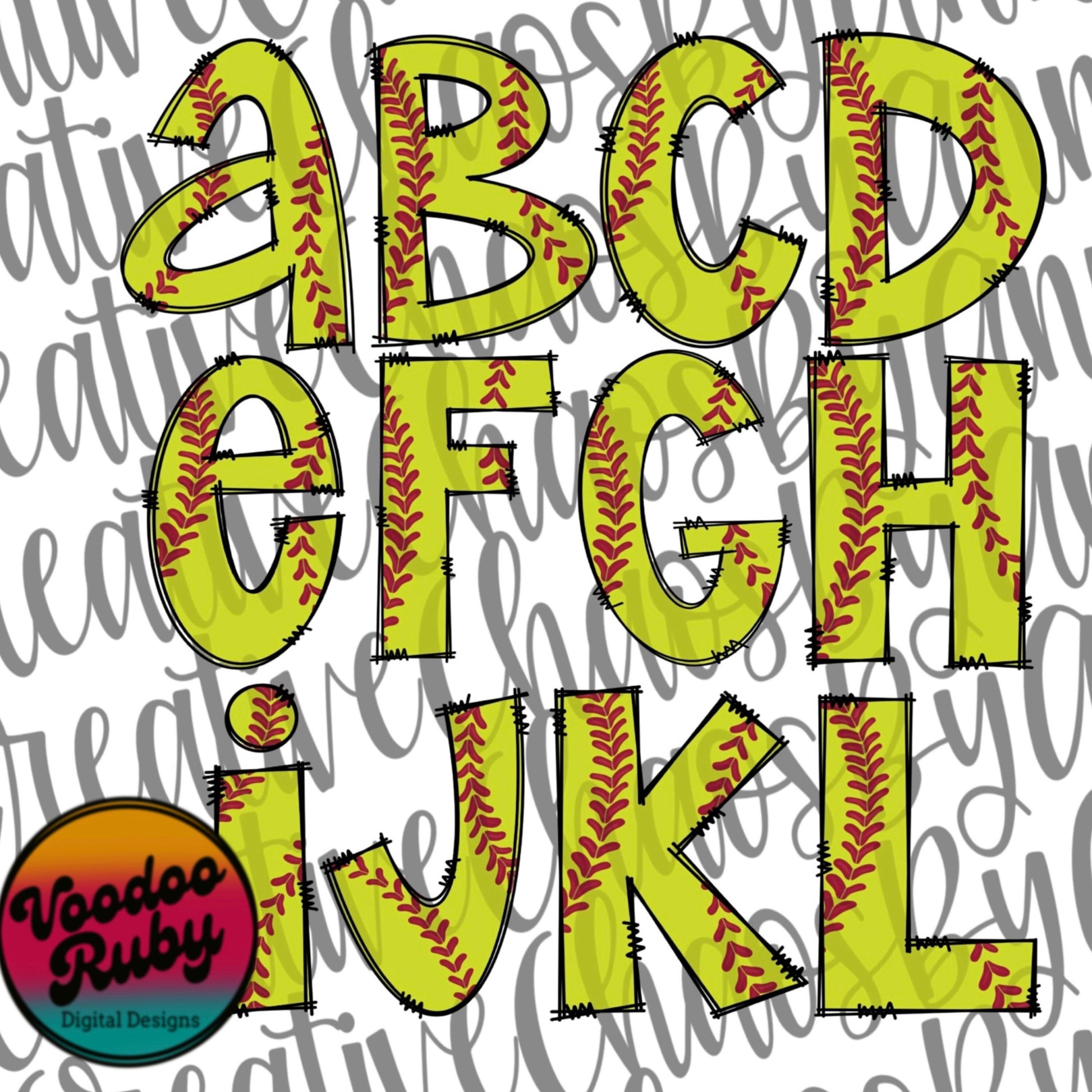 Softball Doodle Alphabet PNG Bundle: Hand-Drawn Letters (Digital Download