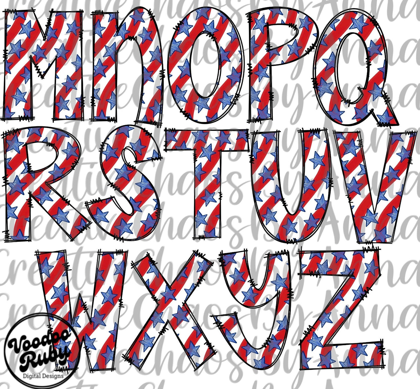 4th of July USA Doodle Letters PNG Bundle: American Alphabet Clip Art