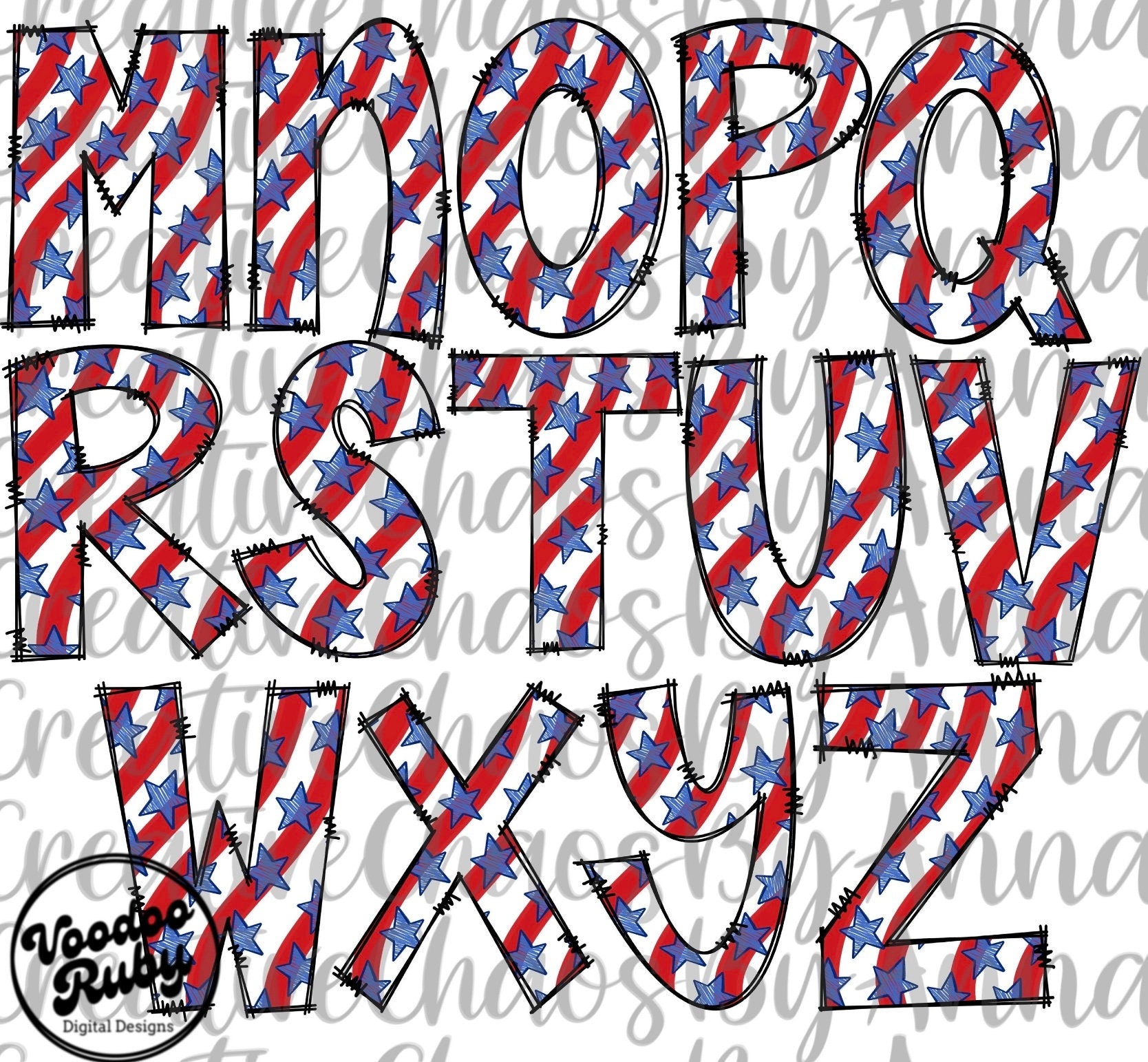 4th of July USA Doodle Letters PNG Bundle: American Alphabet Clip Art