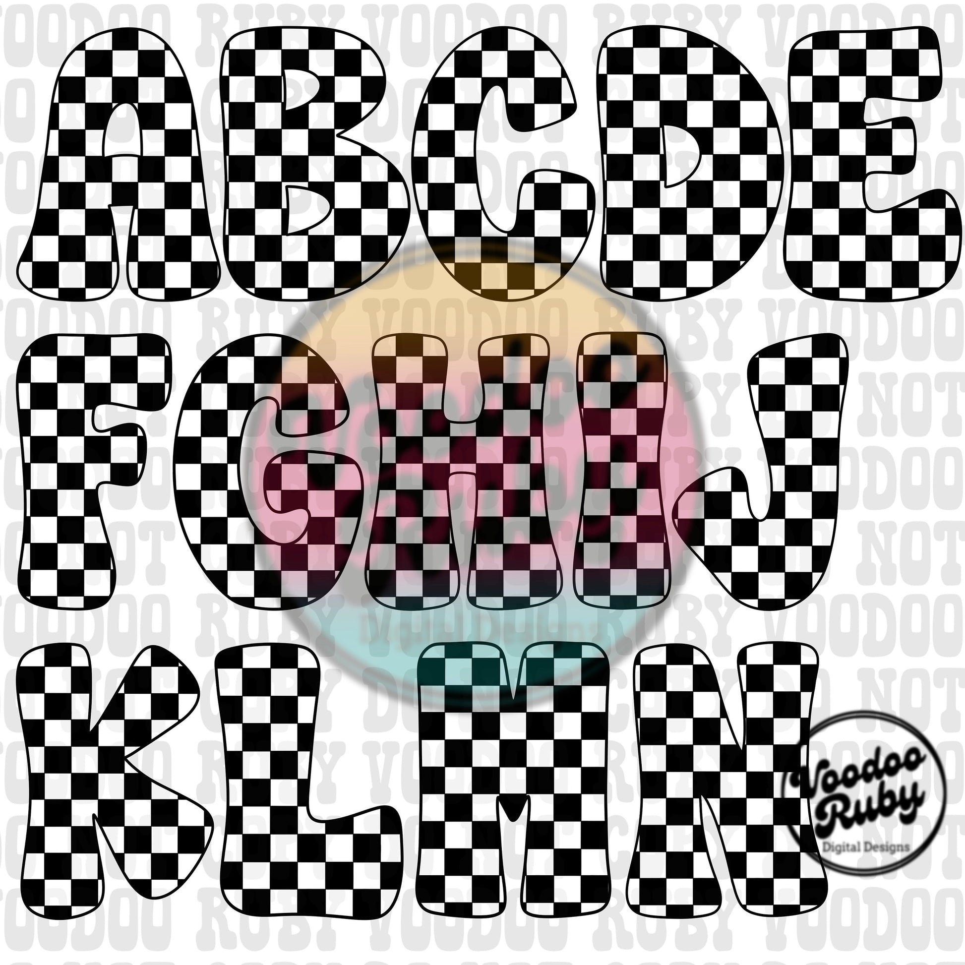 Black White Retro Checkered Alphabet Bundle Sublimation Hand Drawn Digital Download Hand Drawn Alpha PNG Sublimation Blanks DTF Printable