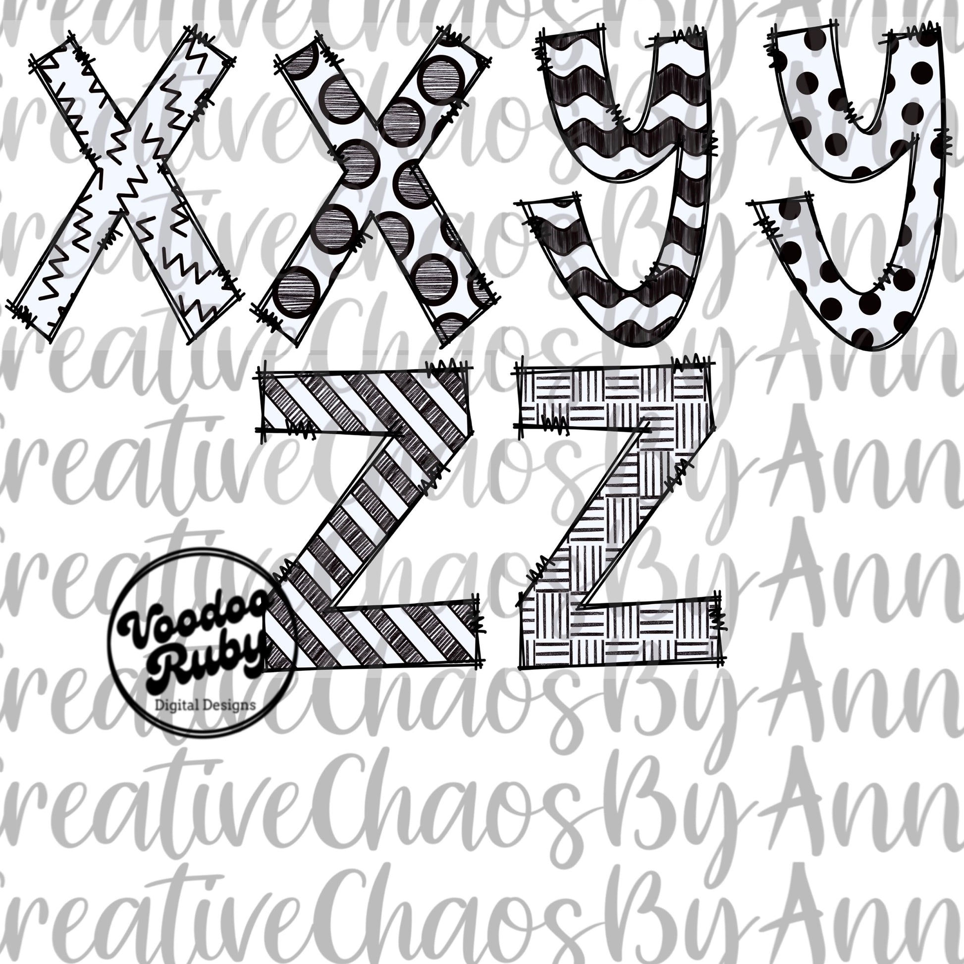 Black White Doodle Letters PNG Alphabet Bundle Hand Drawn Digital Download Doodle Alphabet PNG Sublimation Blanks DTF Printable