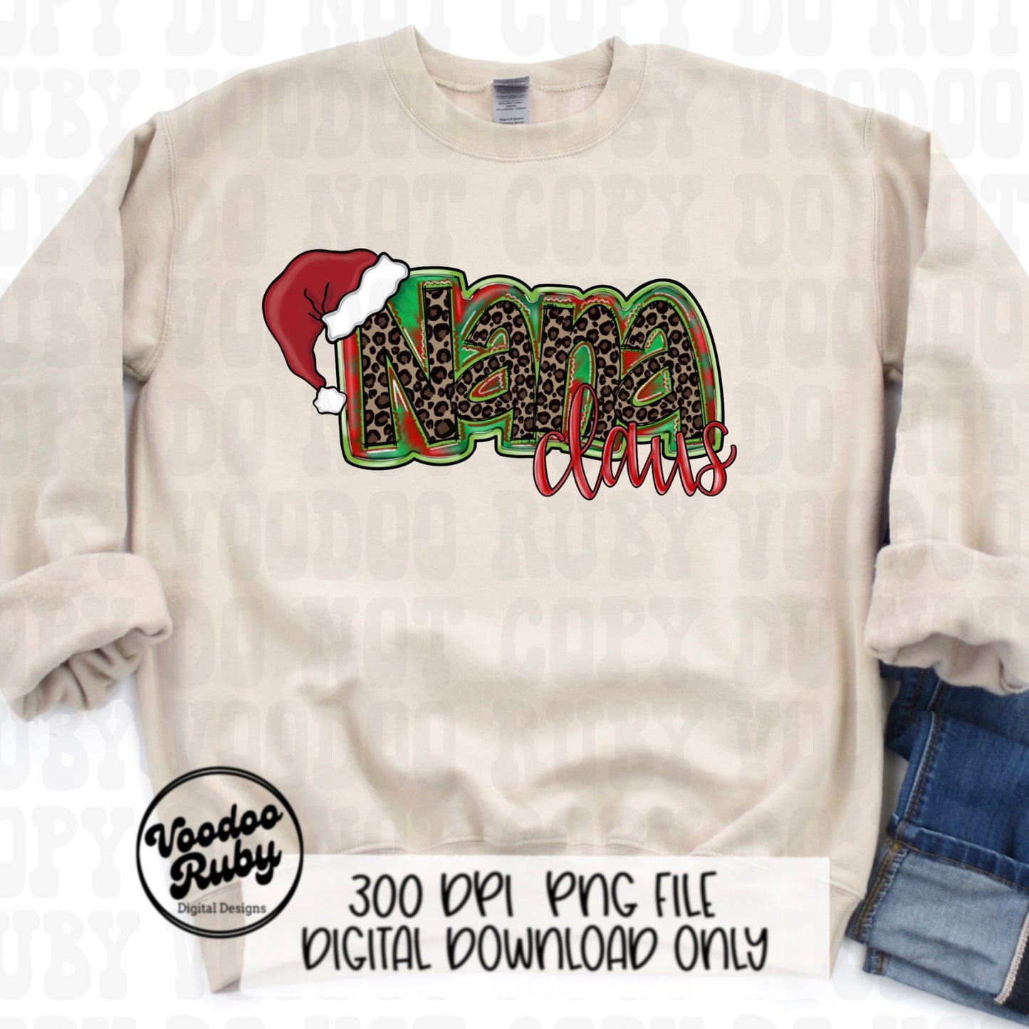 Nana Claus Leopard Christmas PNG: Hand-Drawn Santa Grandma Clip Art (Digital Download