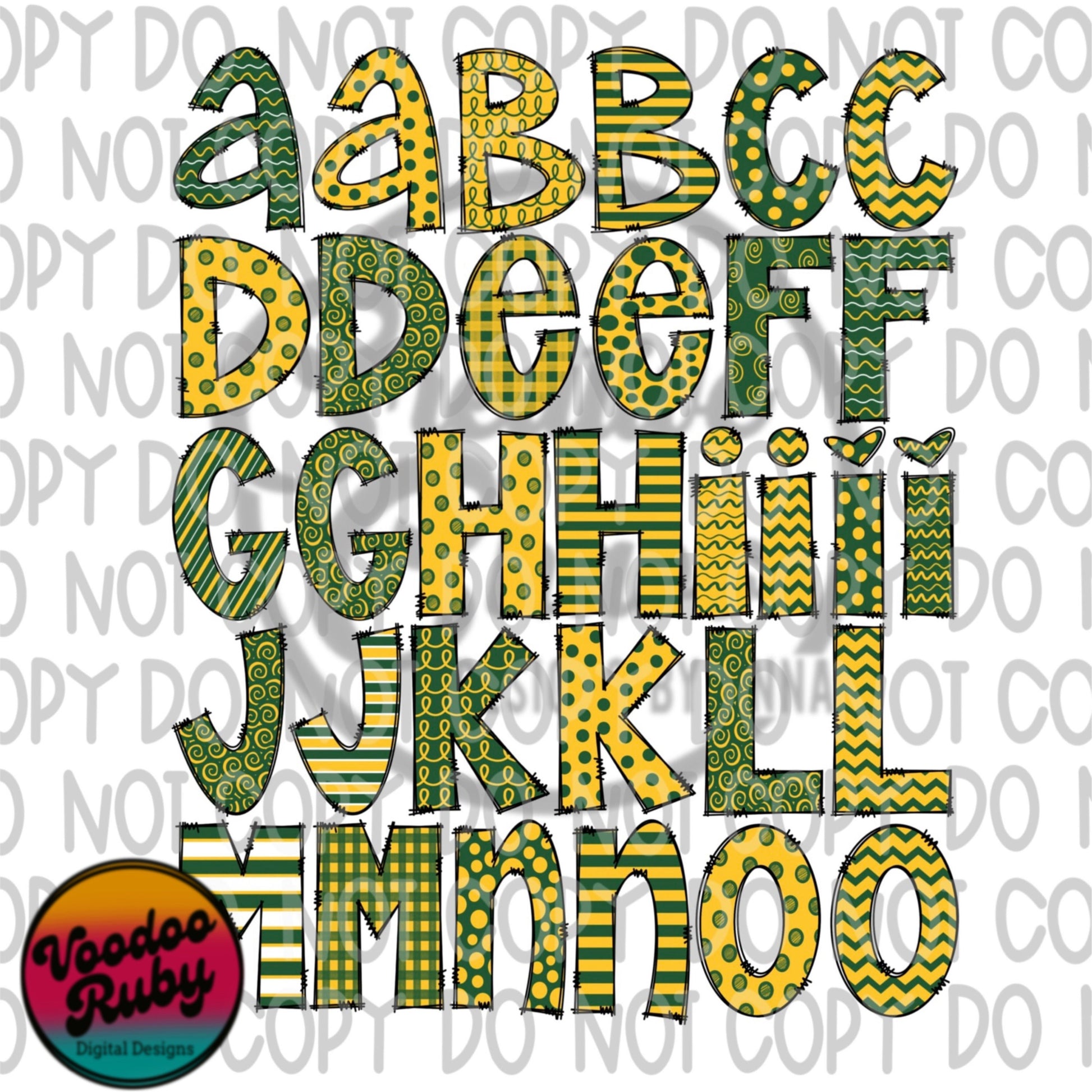 Doodle Letters PNG Alphabet Bundle Hand Drawn Alpha Pack Digital Download Green Gold Sublimation Alphabet Football PNG DTF Printable