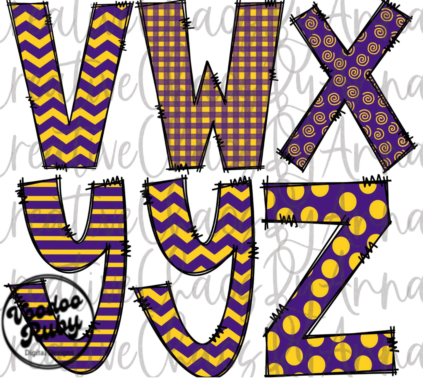 Purple Gold Doodle Letters PNG Doodle Letters Hand Drawn Digital Download Alpha Pack DTF Printable Sublimation Doodle Alphabet PNG