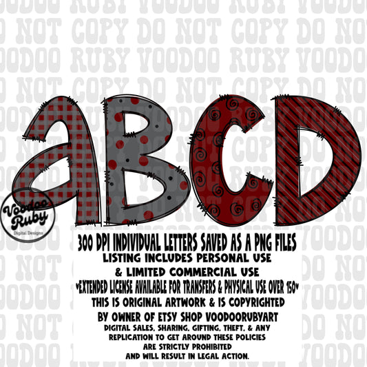 Maroon Grey Doodle Letters PNG Alphabet Bundle png Hand Drawn Digital Download Alpha Pack Sublimation Alphabet Pack DTF Printable