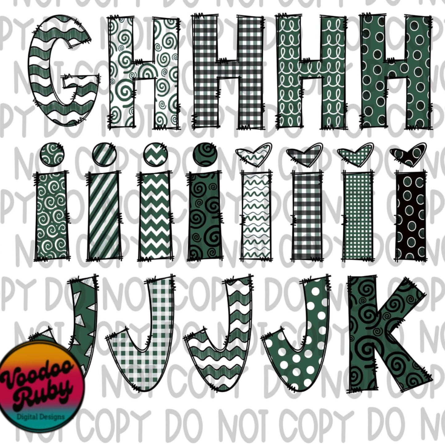 Green White Black Doodle Letters Sublimation Alphabet Bundle PNG Hand Drawn Sublimation Alphabet Alpha Pack Digital Download DTF Printable