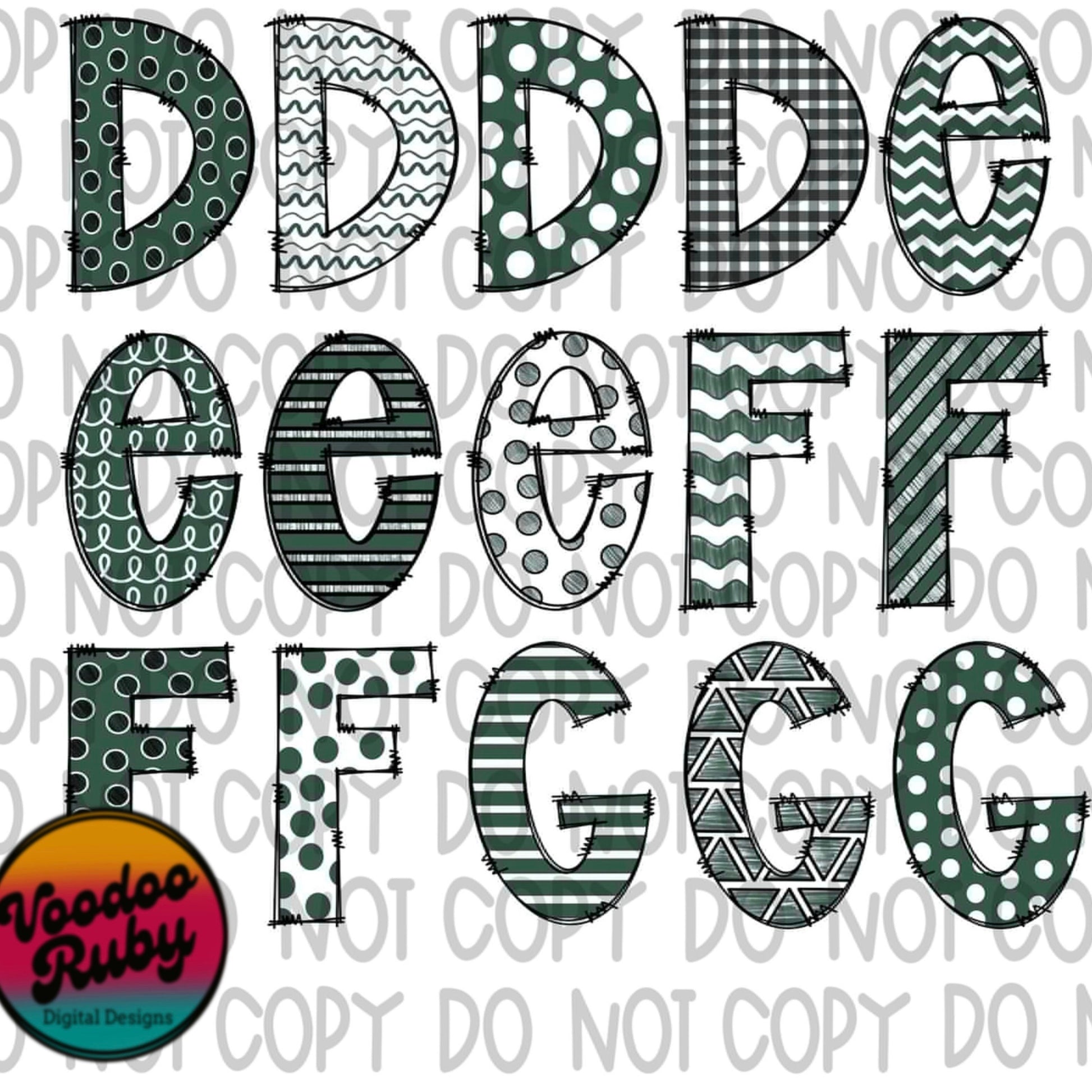 Green White Black Doodle Letters Sublimation Alphabet Bundle PNG Hand Drawn Sublimation Alphabet Alpha Pack Digital Download DTF Printable