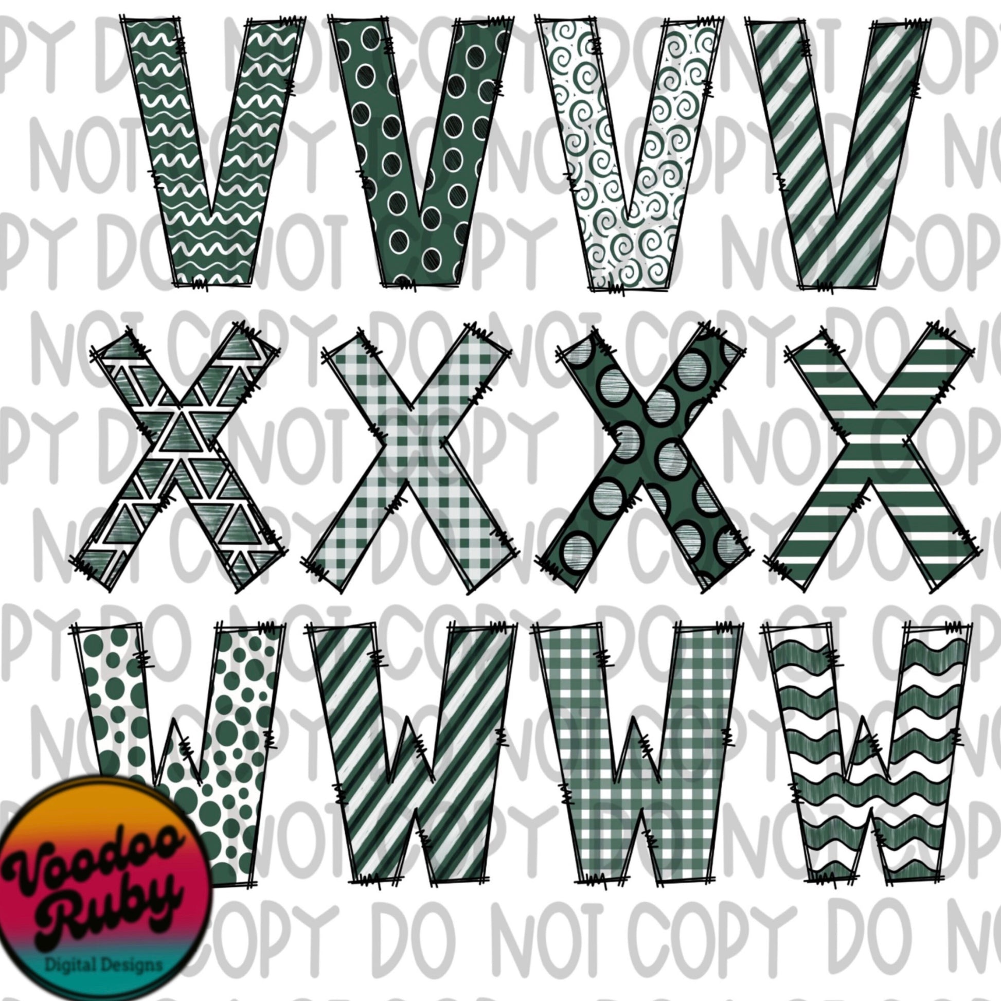 Green White Black Doodle Letters Sublimation Alphabet Bundle PNG Hand Drawn Sublimation Alphabet Alpha Pack Digital Download DTF Printable