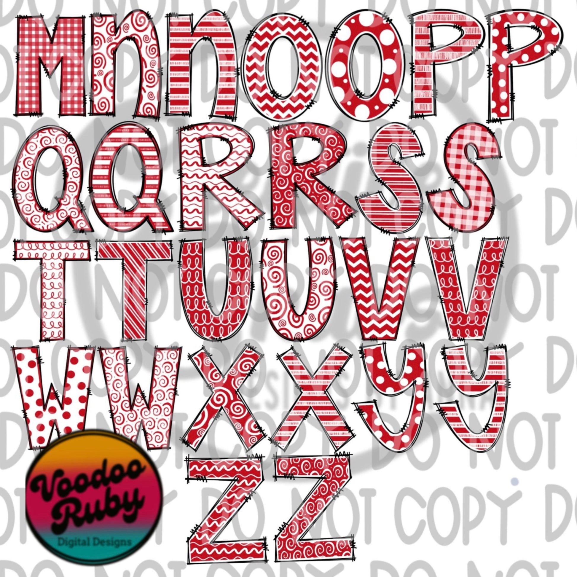 Red White Doodle Letters PNG Alphabet Bundle Hand Drawn Alphabet Alpha Pack Digital Download Sublimation Blanks DTF Printable