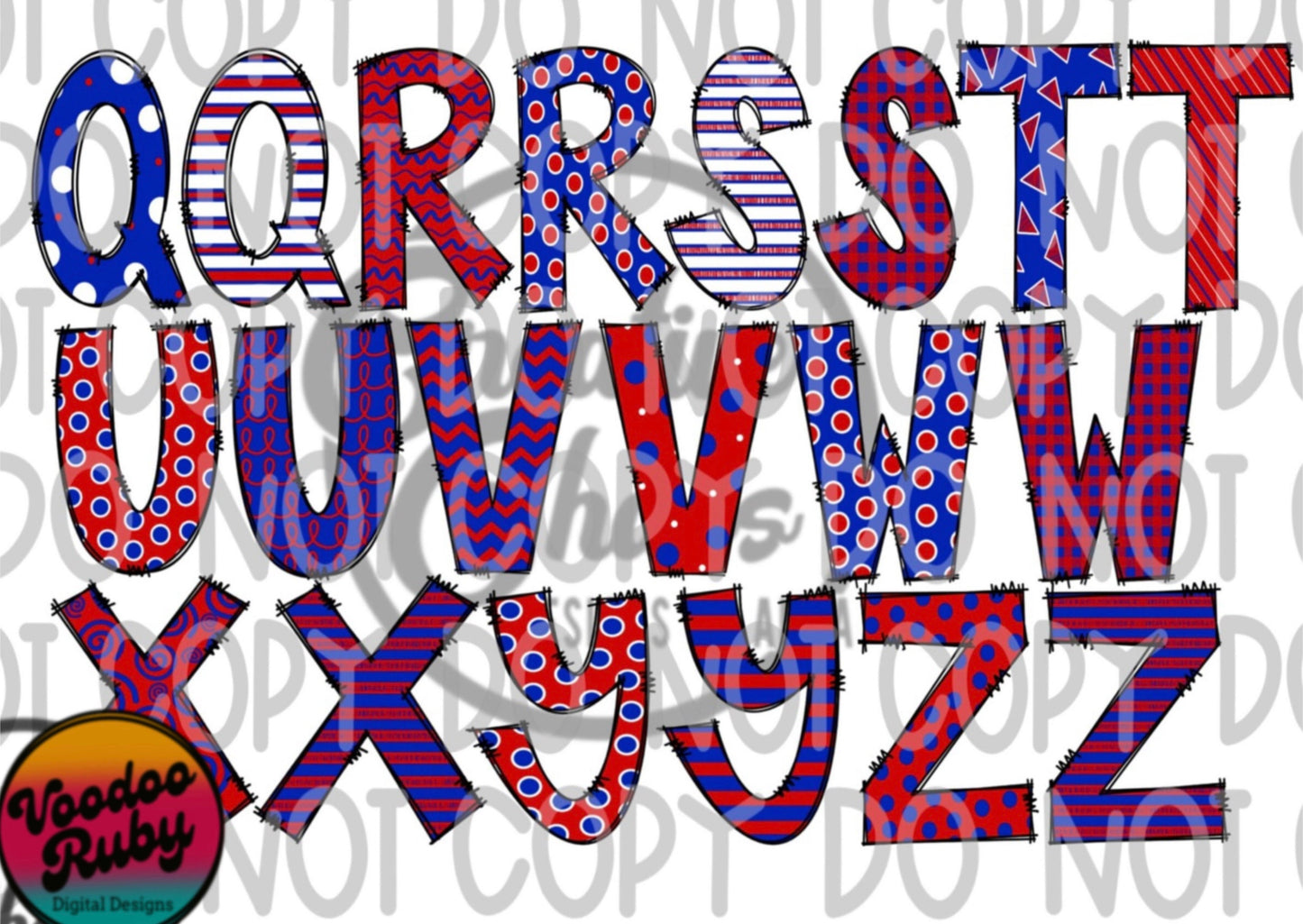 Blue and Red Doodle Letters PNG Sublimation Alphabet Bundle Hand Drawn Alphabet Blue Red Alpha Pack Digital Download DTF Printable