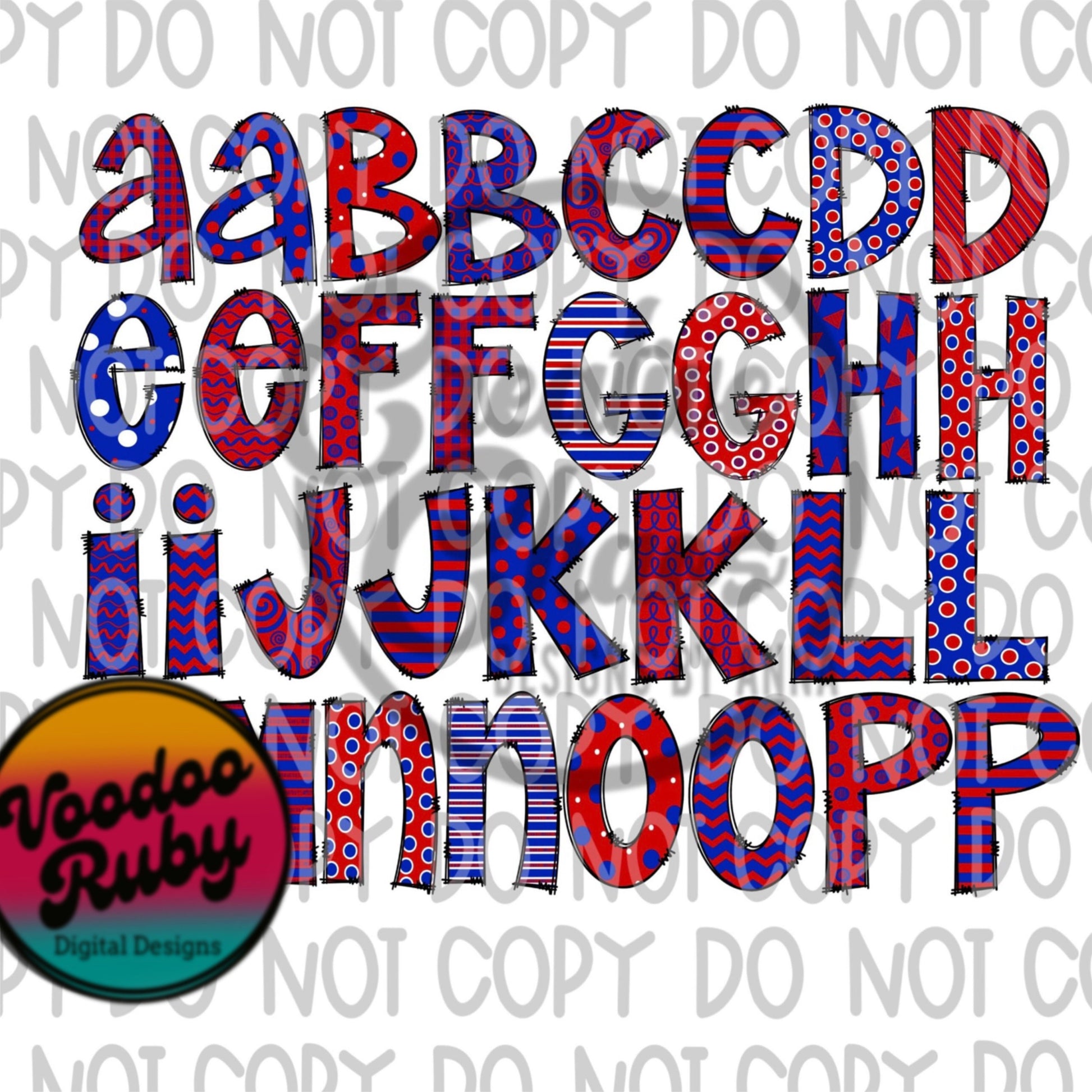 Blue and Red Doodle Letters PNG Sublimation Alphabet Bundle Hand Drawn Alphabet Blue Red Alpha Pack Digital Download DTF Printable