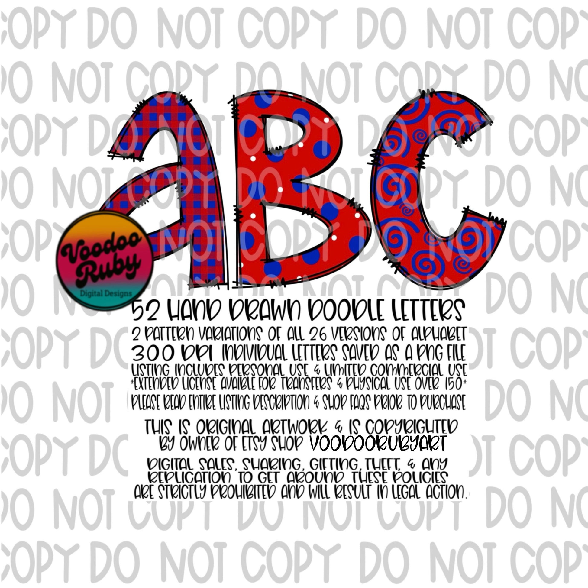 Blue and Red Doodle Letters PNG Sublimation Alphabet Bundle Hand Drawn Alphabet Blue Red Alpha Pack Digital Download DTF Printable