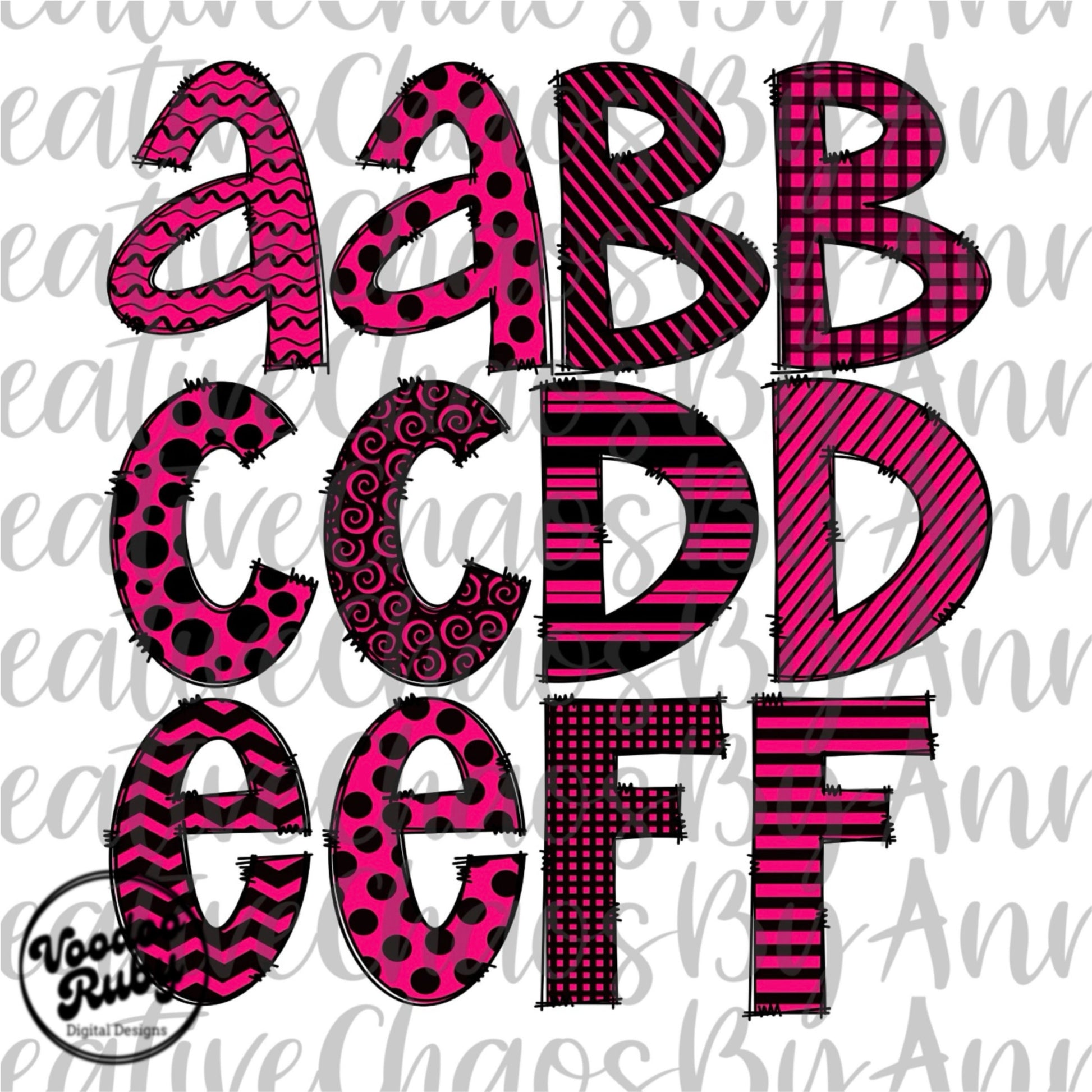 Hot Pink and Black Doodle Letters Sublimation Alphabet PNG Doodle Letters Hand Drawn Alphabet Alpha Pack Digital Download DTF Printable