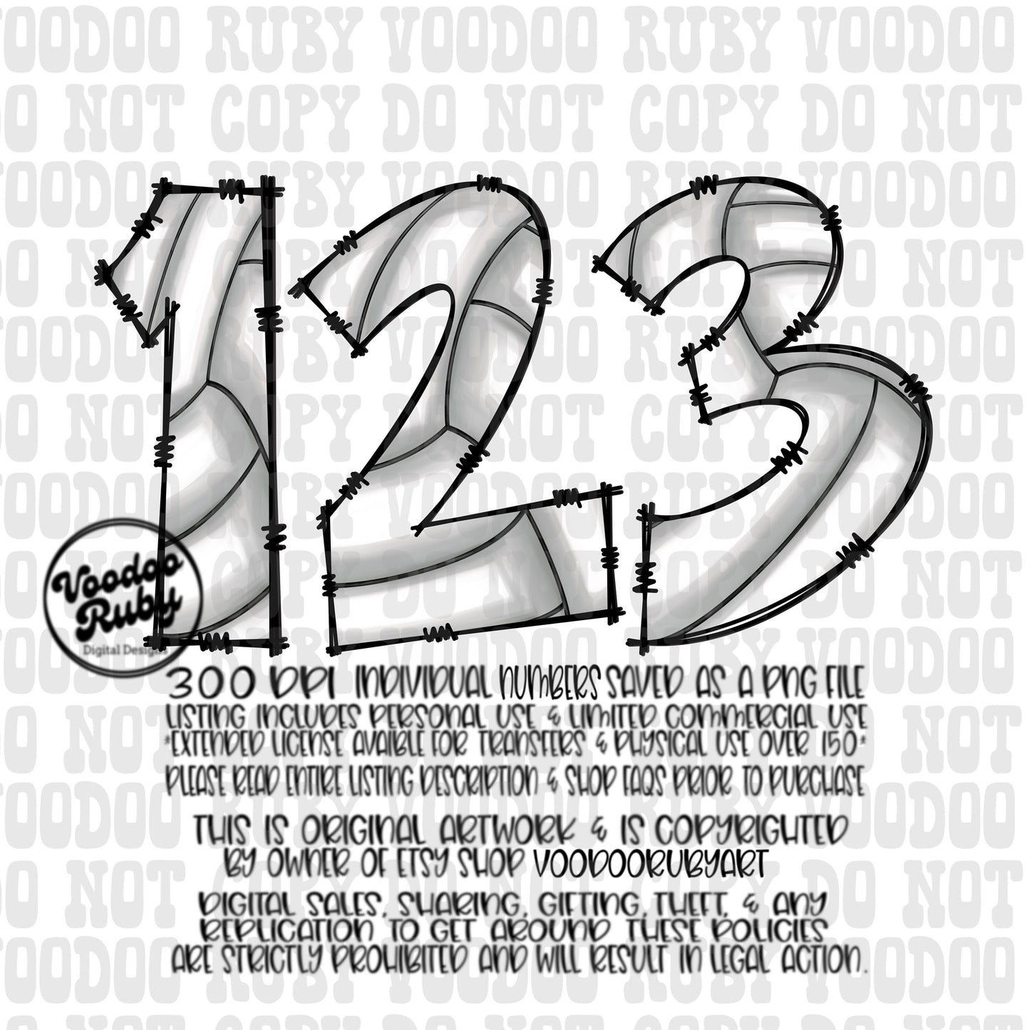 Volleyball Doodle Numbers PNG Bundle: Hand-Drawn Sublimation (Digital Download