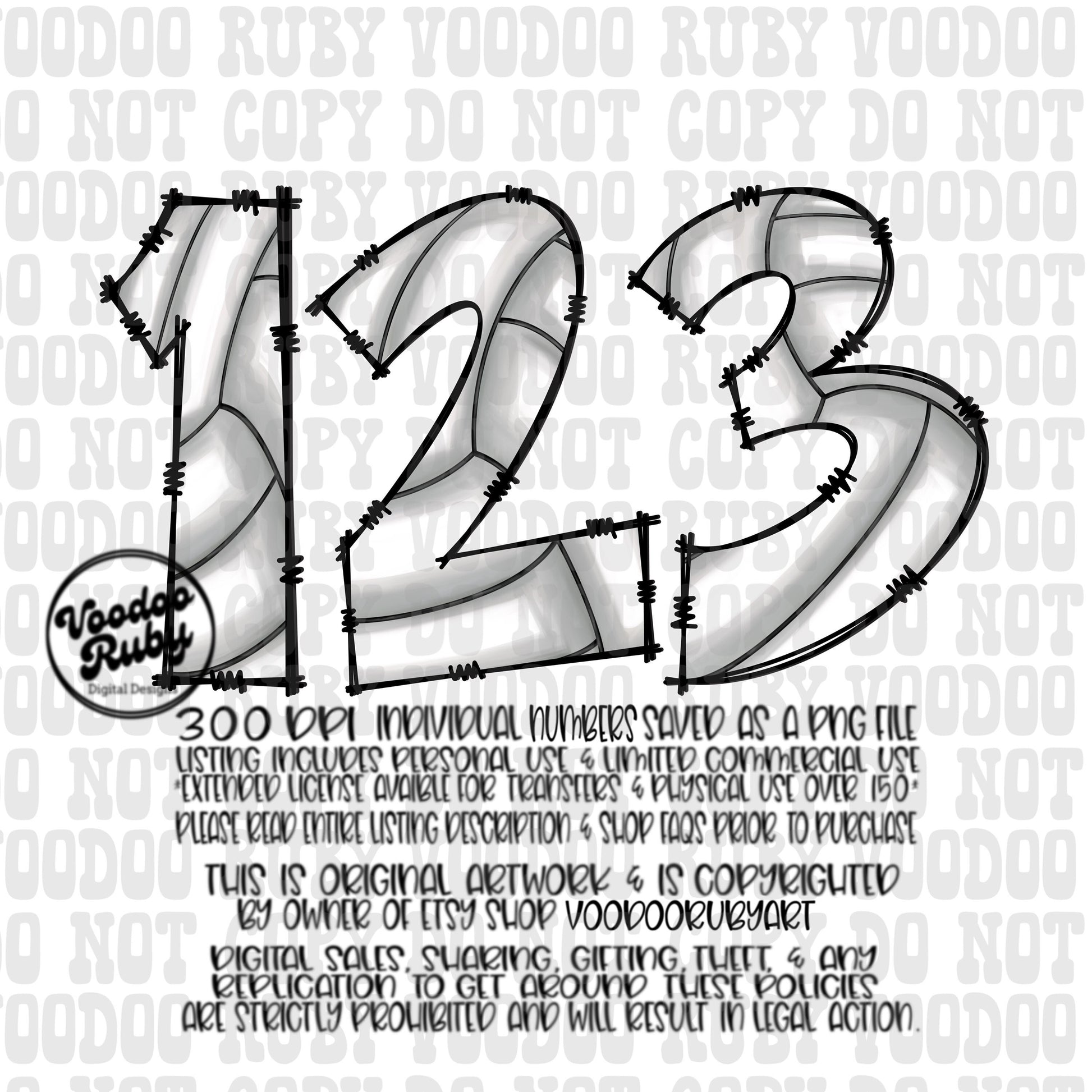 Volleyball Doodle Numbers PNG Bundle: Hand-Drawn Sublimation (Digital Download