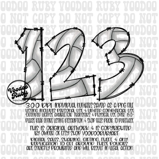 Volleyball Doodle Numbers PNG Bundle: Hand-Drawn Sublimation (Digital Download