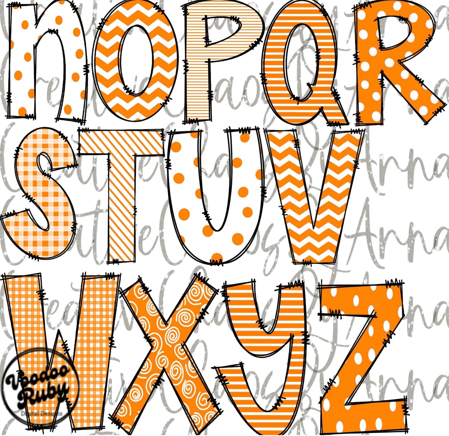 Orange White Doodle Letters PNG Alphabet Bundle Sublimation Hand Drawn Alpha Pack Digital Download Doodle Football Alphabet PNG DTF