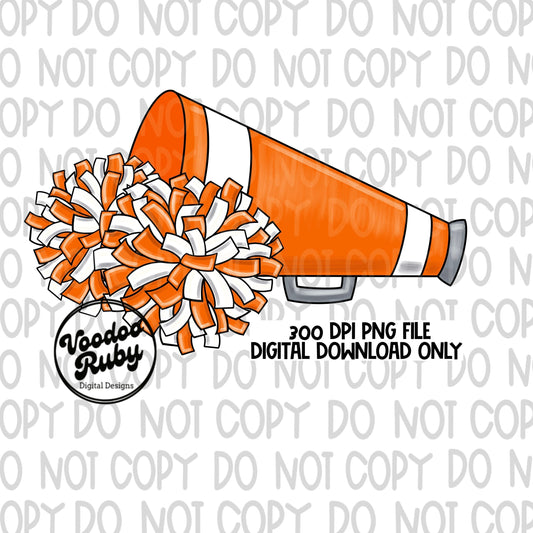 Cheer PNG Design Orange White Team Sublimation Hand Drawn Digital Download PNG Cheerleader Megaphone Clip Art DTF Printable