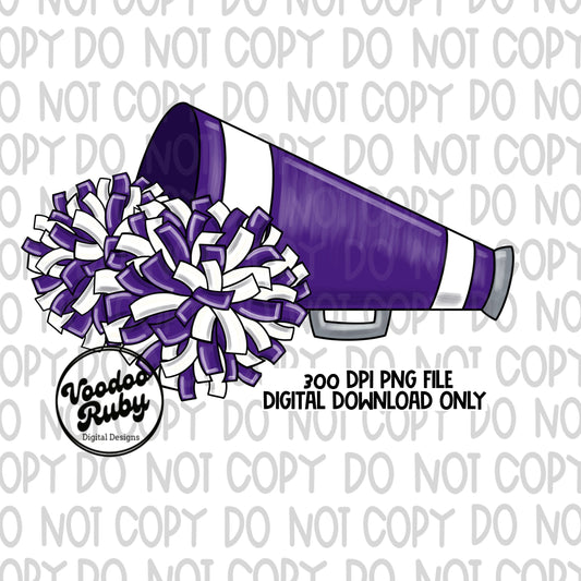 Cheer PNG Design Sublimation Cheer Purple White Team Hand Drawn Digital Download Cheerleader Megaphone DTF Printable