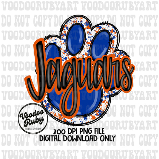 Jaguars PNG Design Sublimation Hand Drawn Digital Download Football Blue Orange Paw Print Jaguars Football DTF Printable