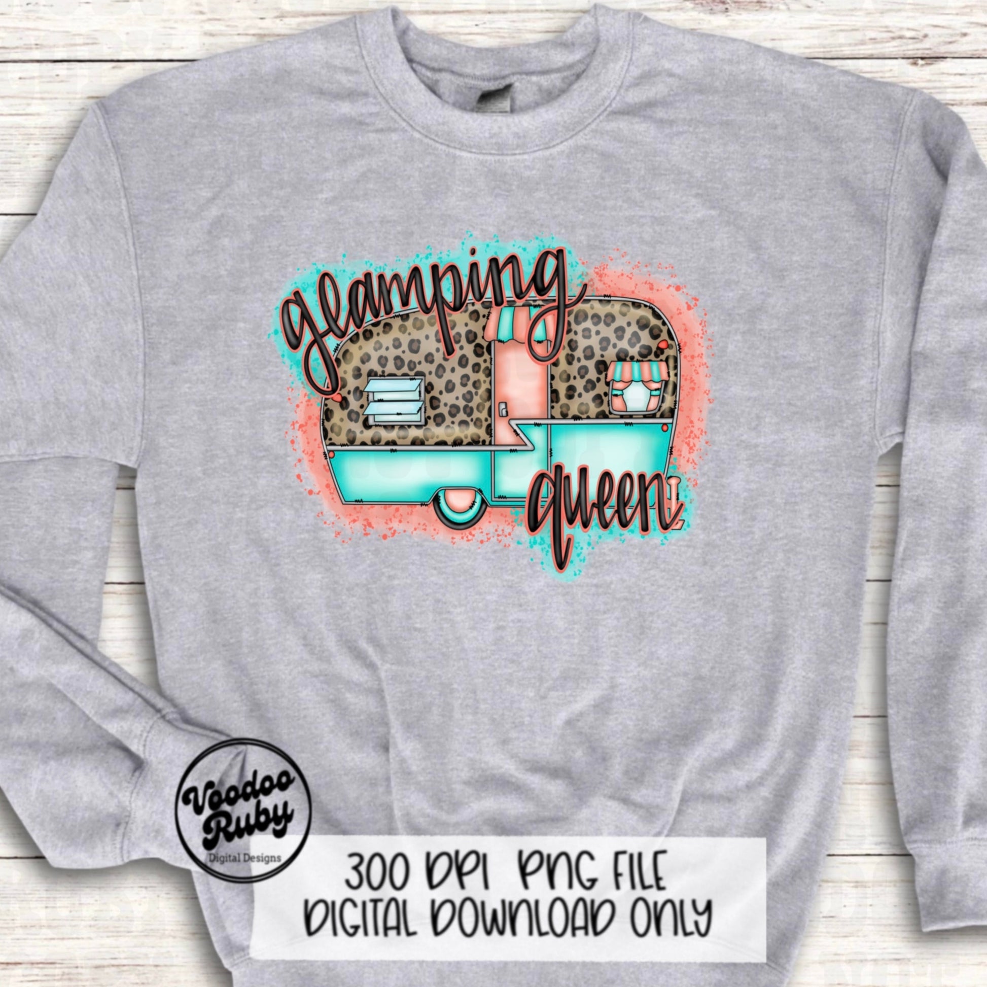 Glamping Queen PNG Design Camping PNG Hand Drawn Digital Design Download Camping Sublimation Happy Camper PNG dtf Printable Leopard Camper