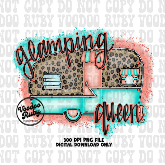 Glamping Queen PNG Design Camping PNG Hand Drawn Digital Design Download Camping Sublimation Happy Camper PNG dtf Printable Leopard Camper