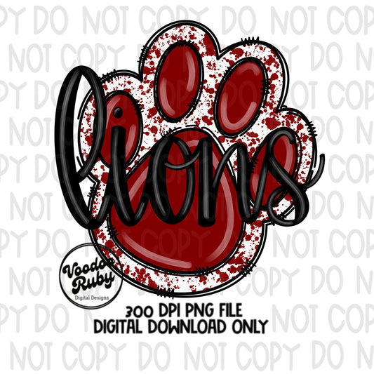 Lions PNG Design Sublimation Hand Drawn Digital Download Football PNG Maroon Lions Paw Print DTF Printable Mascot Clip Art