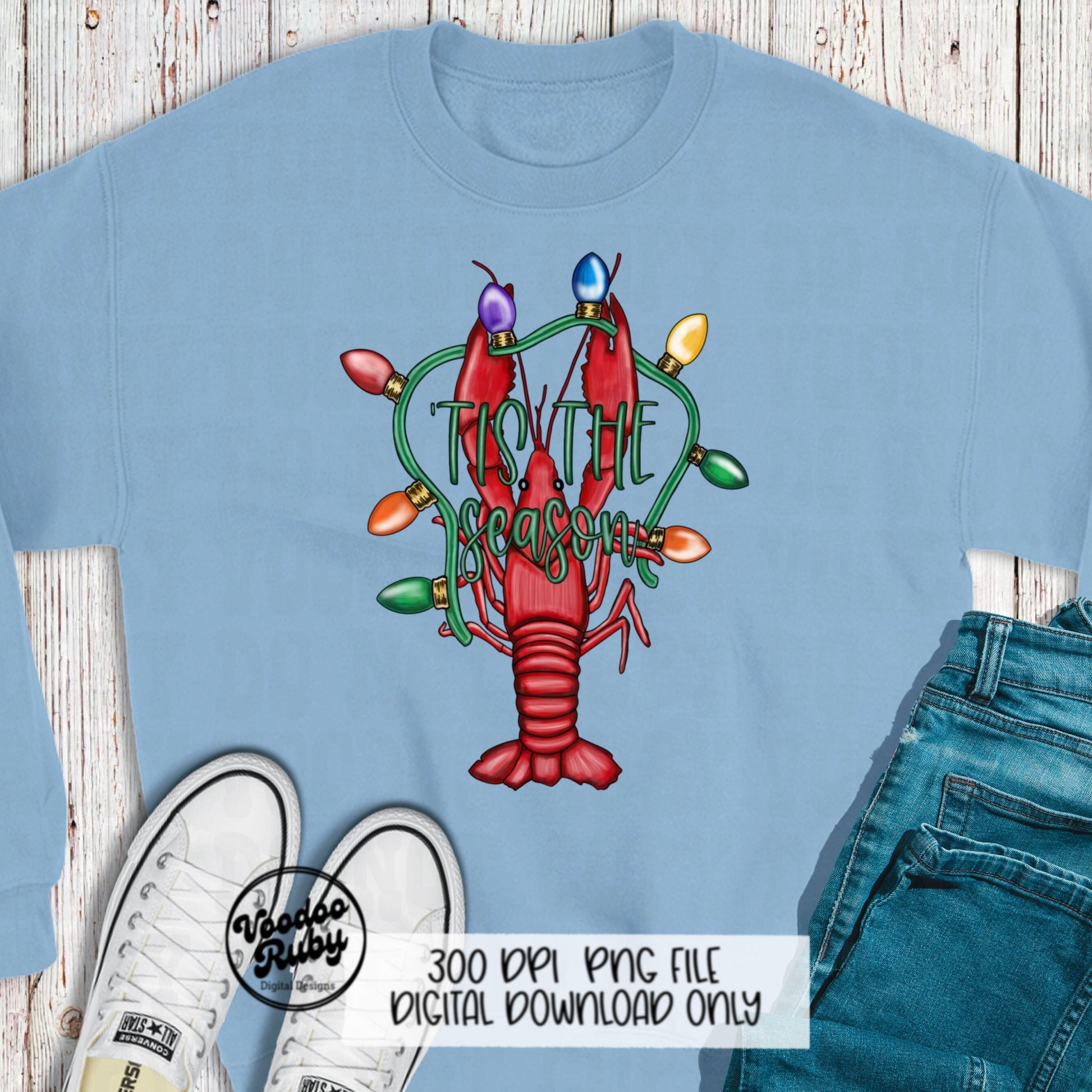 Christmas Crawfish PNG Design Merry Christmas png Hand Drawn Digital Download Tis The Season PNG Christmas Lights Cajun Christmas DTF