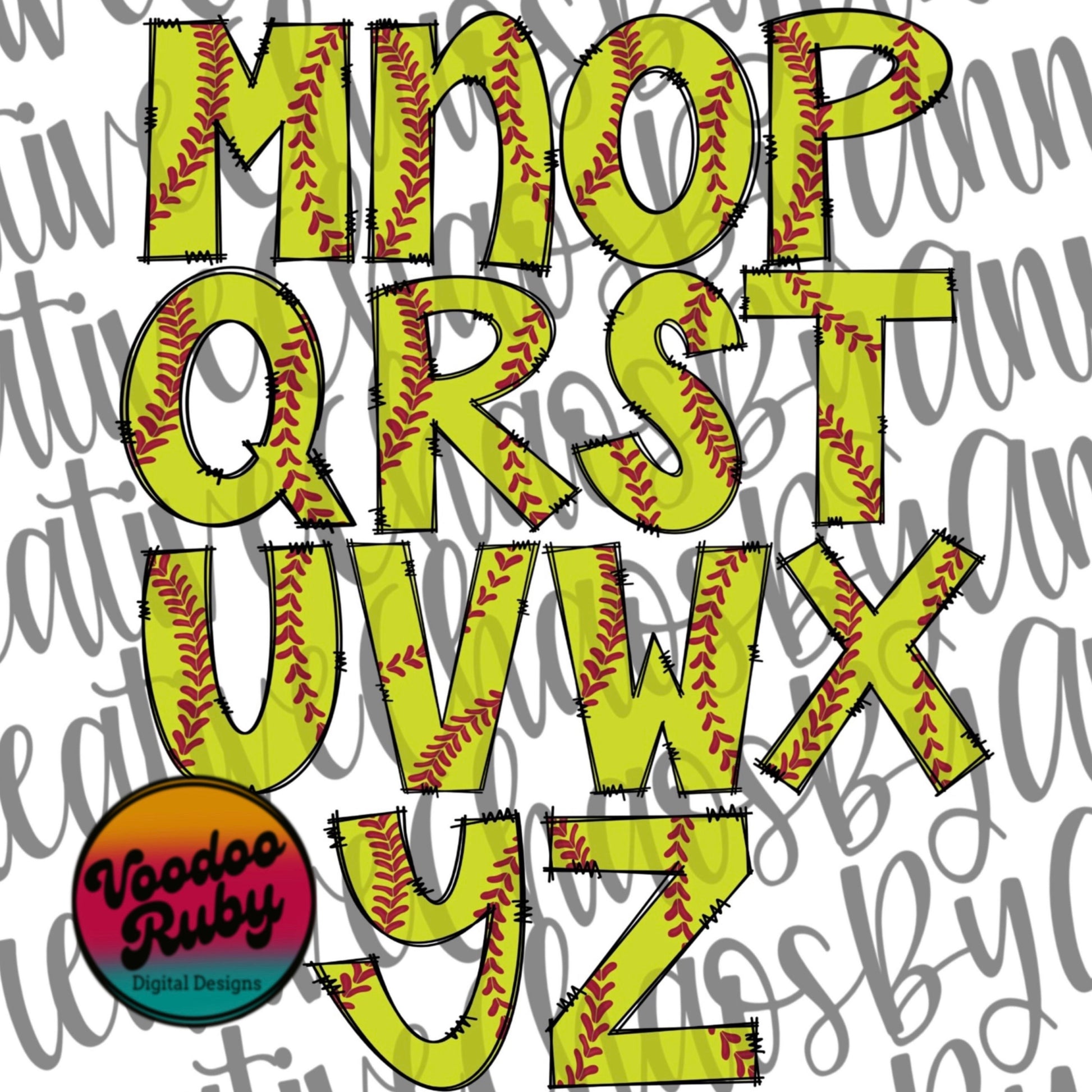 Softball Doodle Alphabet PNG Bundle: Hand-Drawn Letters (Digital Download