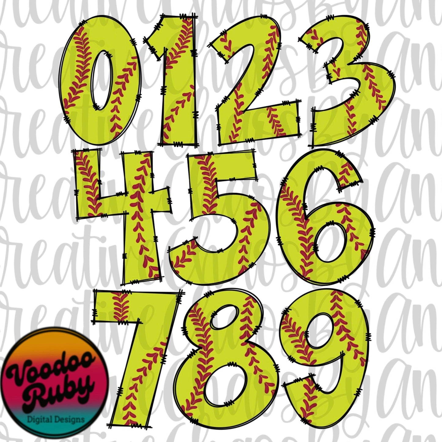 Softball Doodle Numbers PNG Bundle: Hand-Drawn, Sublimation, DTF Printable (Digital Download)
