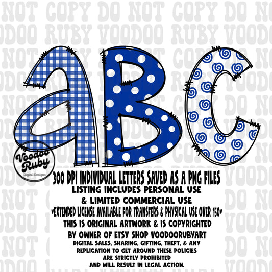 Doodle Letters PNG Alphabet Blue White Bundle Hand Drawn Digital Download Sublimation Alphabet PNG Alpha Pack DTF Printable Clip Art