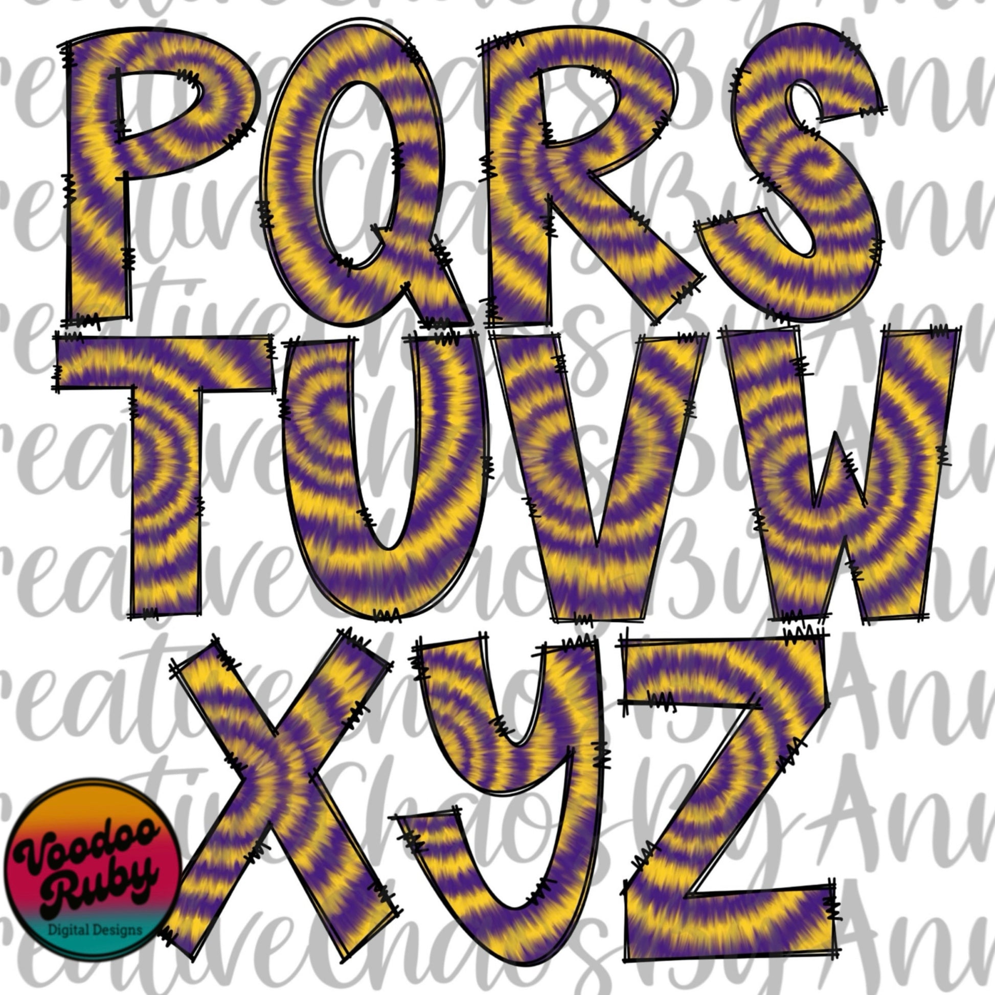 Purple Gold Doodle Letters PNG Tie Dye Football Alphabet Bundle png Doodle Alphabet Hand Drawn Digital Download Sublimation DTF Printable