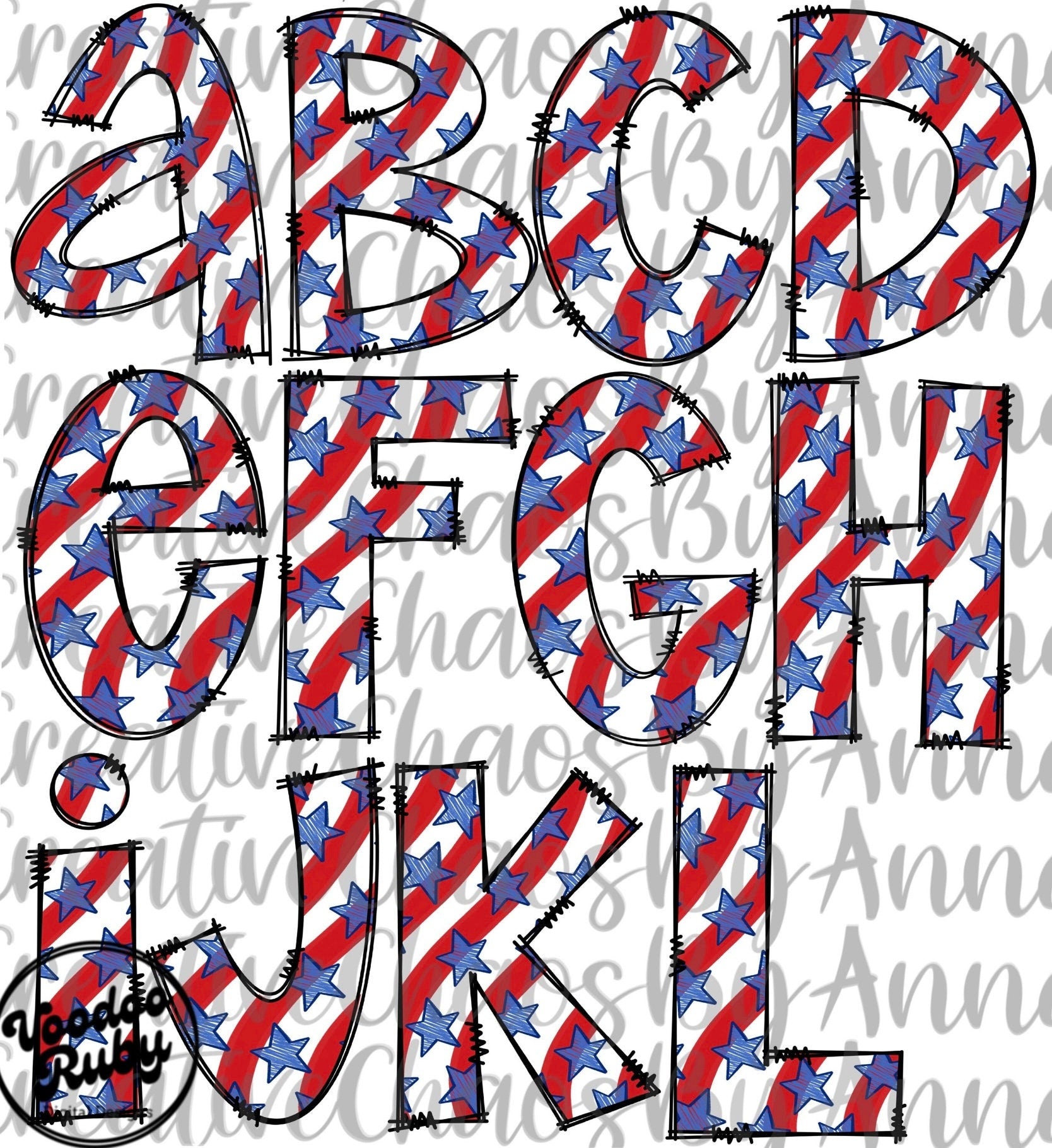 4th of July USA Doodle Letters PNG Bundle: American Alphabet Clip Art