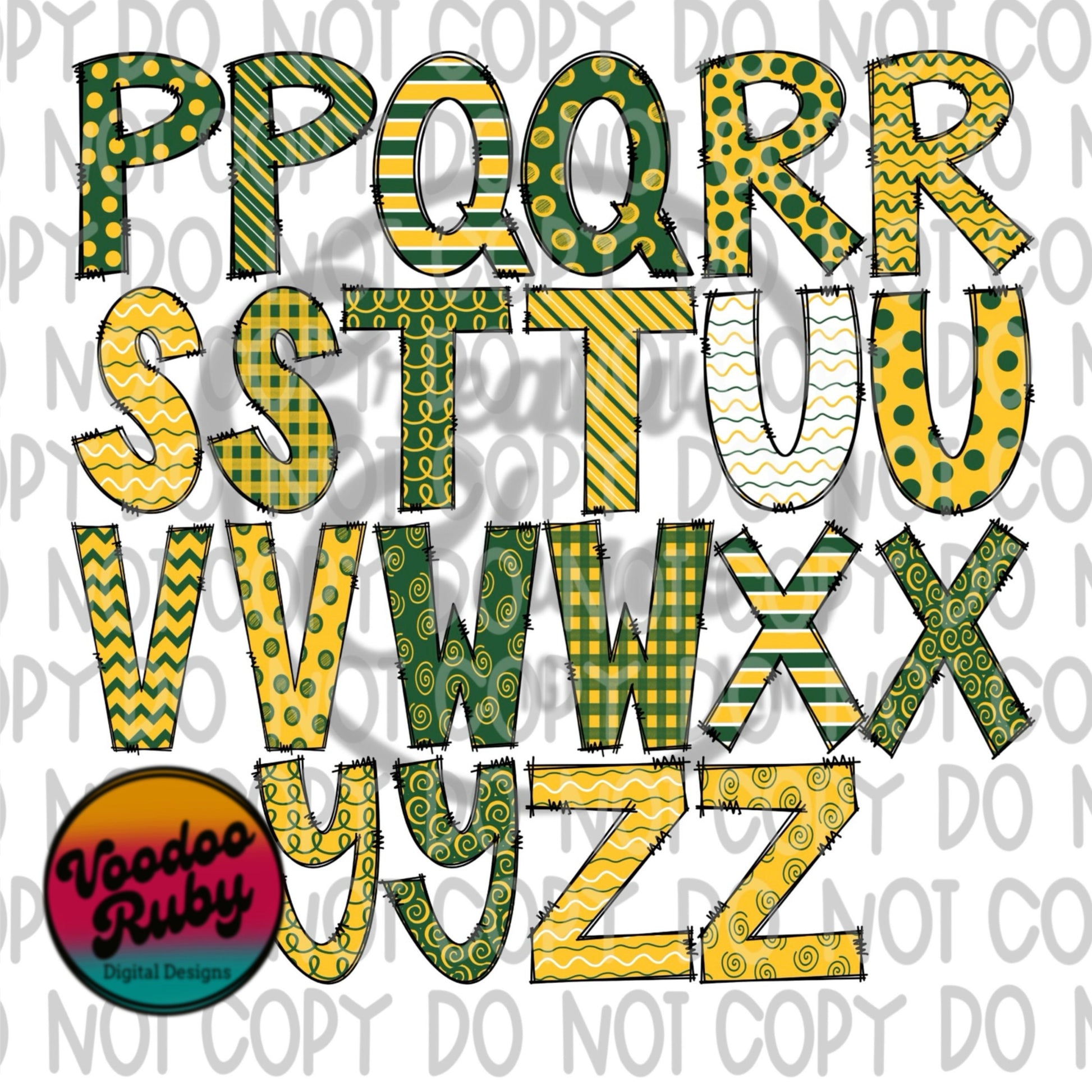 Doodle Letters PNG Alphabet Bundle Hand Drawn Alpha Pack Digital Download Green Gold Sublimation Alphabet Football PNG DTF Printable