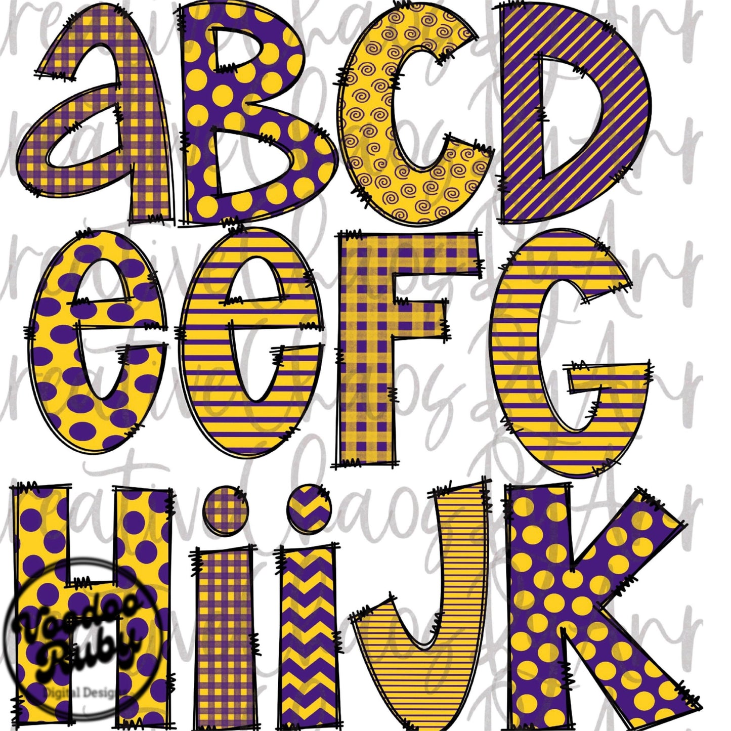Purple Gold Doodle Letters PNG Doodle Letters Hand Drawn Digital Download Alpha Pack DTF Printable Sublimation Doodle Alphabet PNG
