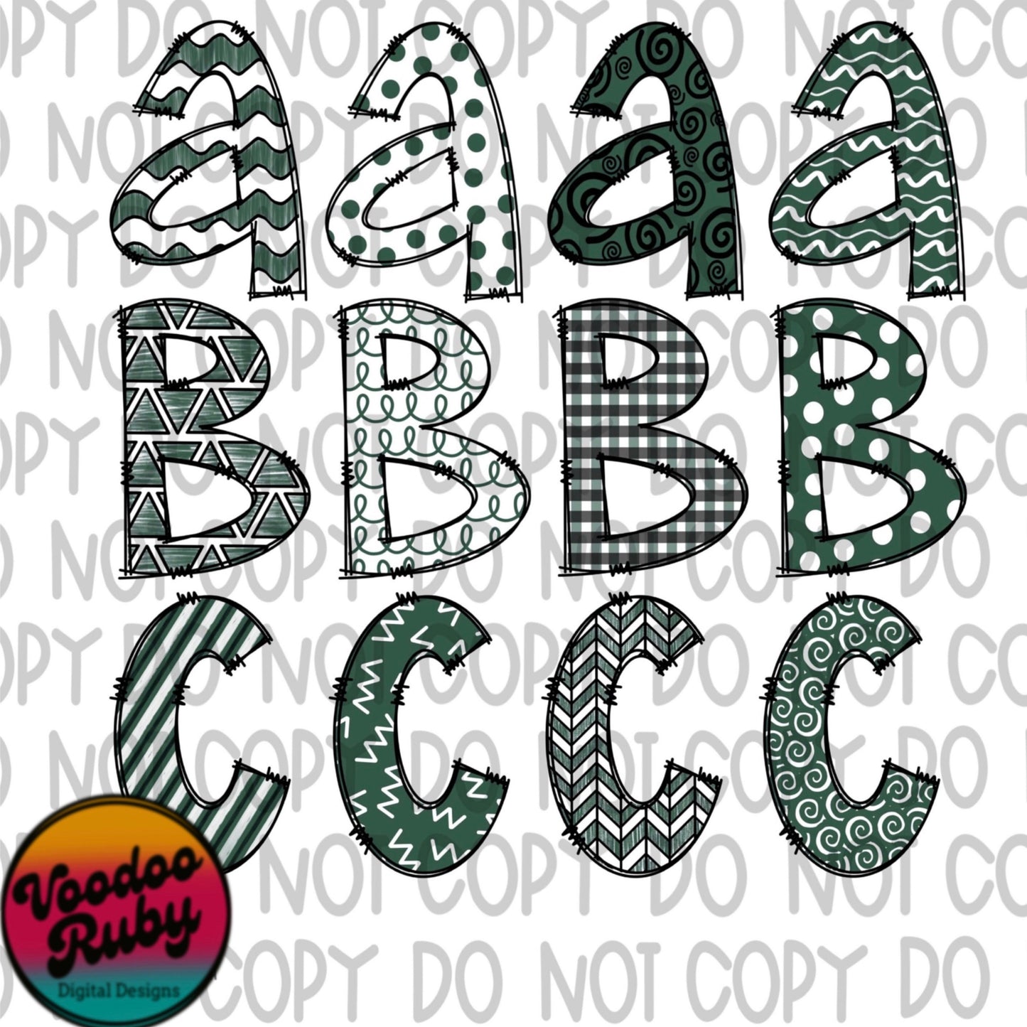 Green White Black Doodle Letters Sublimation Alphabet Bundle PNG Hand Drawn Sublimation Alphabet Alpha Pack Digital Download DTF Printable
