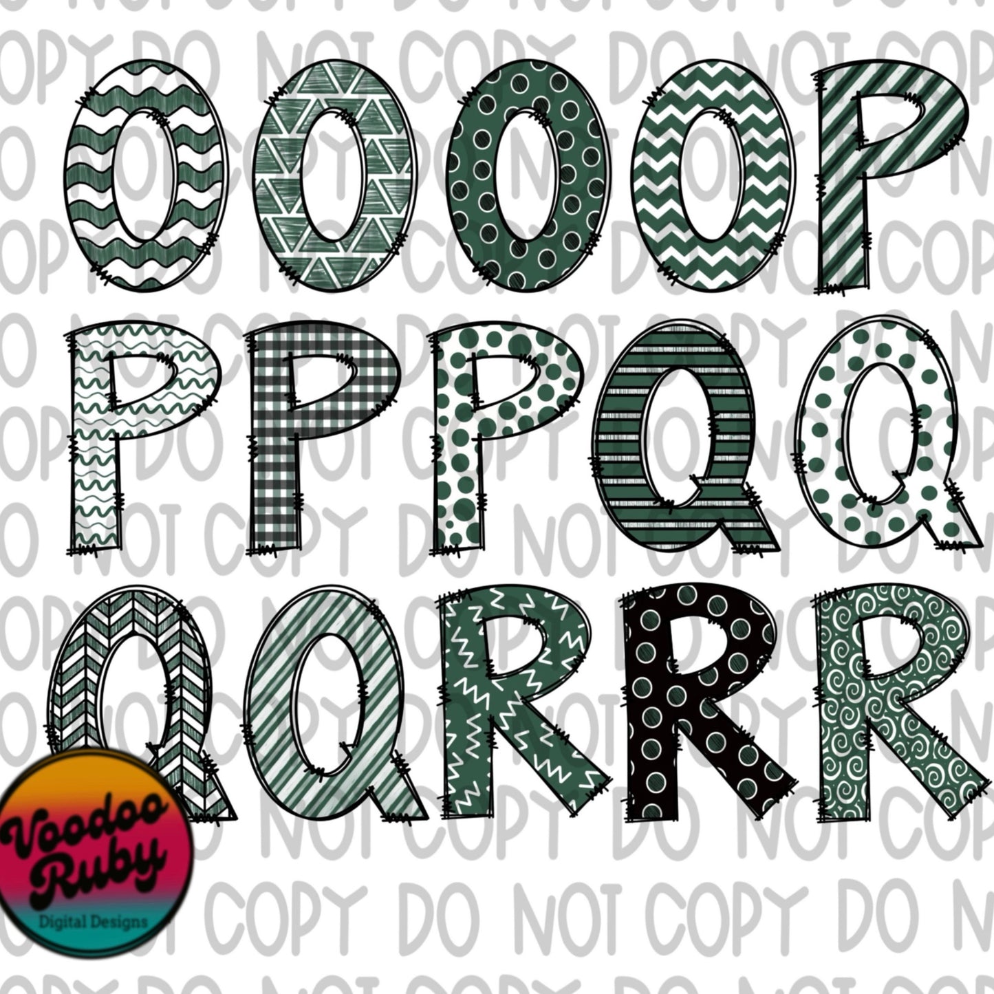 Green White Black Doodle Letters Sublimation Alphabet Bundle PNG Hand Drawn Sublimation Alphabet Alpha Pack Digital Download DTF Printable