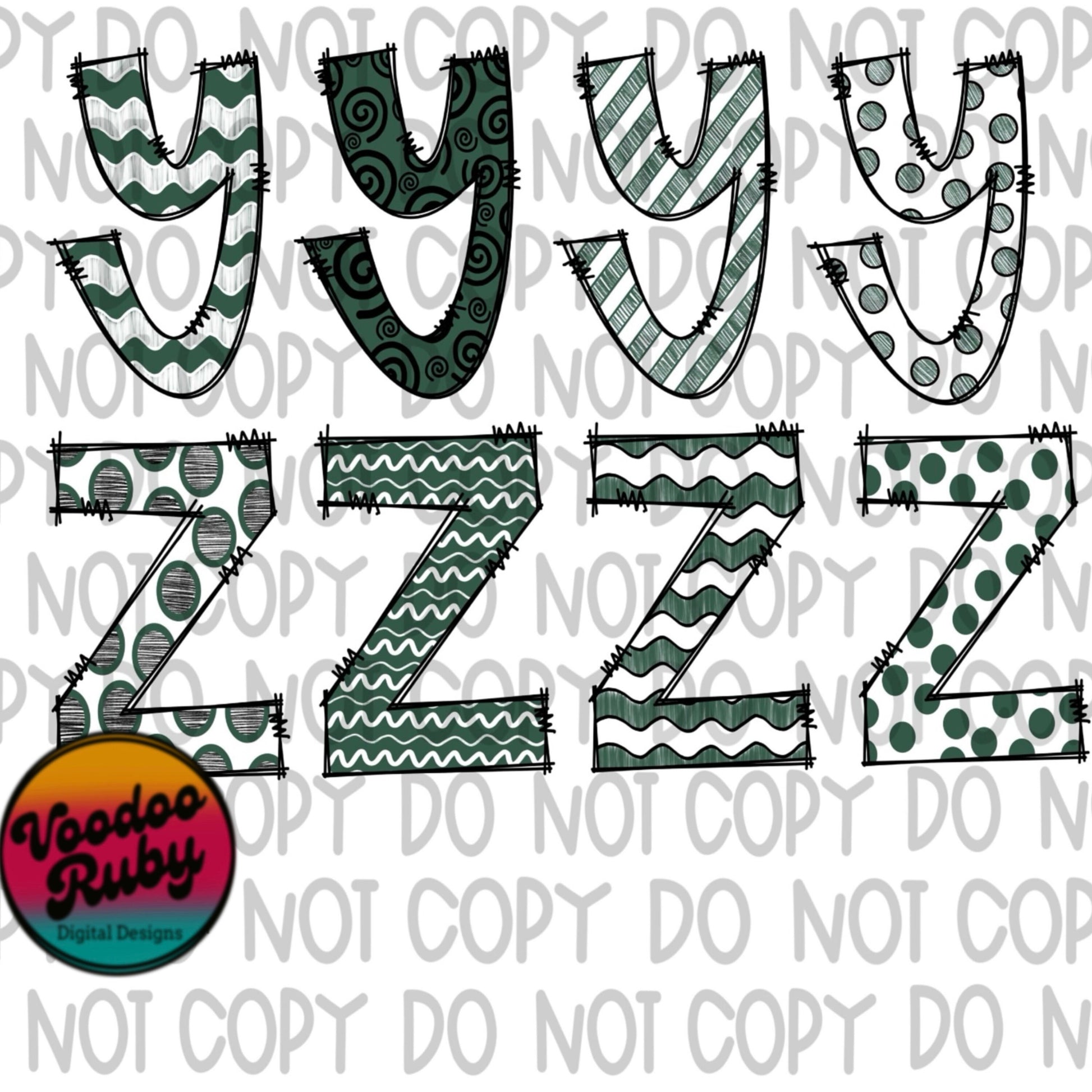 Green White Black Doodle Letters Sublimation Alphabet Bundle PNG Hand Drawn Sublimation Alphabet Alpha Pack Digital Download DTF Printable