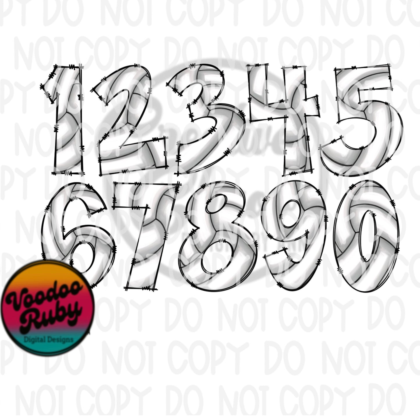 Volleyball Doodle Numbers PNG Bundle: Hand-Drawn Sublimation (Digital Download