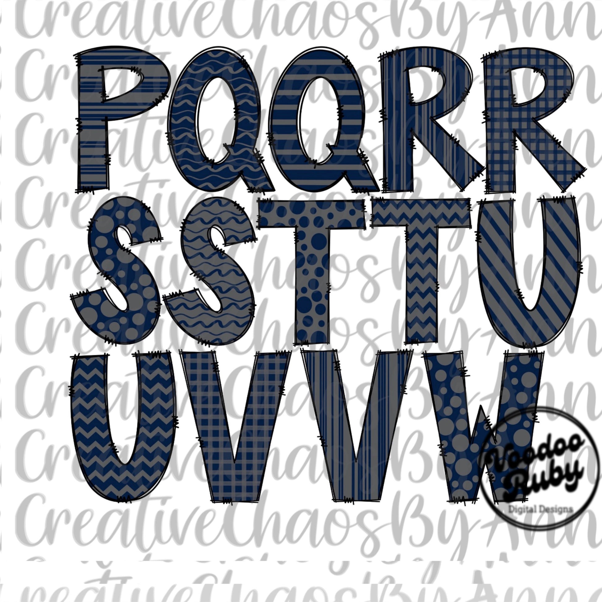 Navy Blue and Gray Doodle Letters Alphabet Bundle PNG Sublimation Hand Drawn Alpha Pack Digital Download Alphabet Digital Design PNG