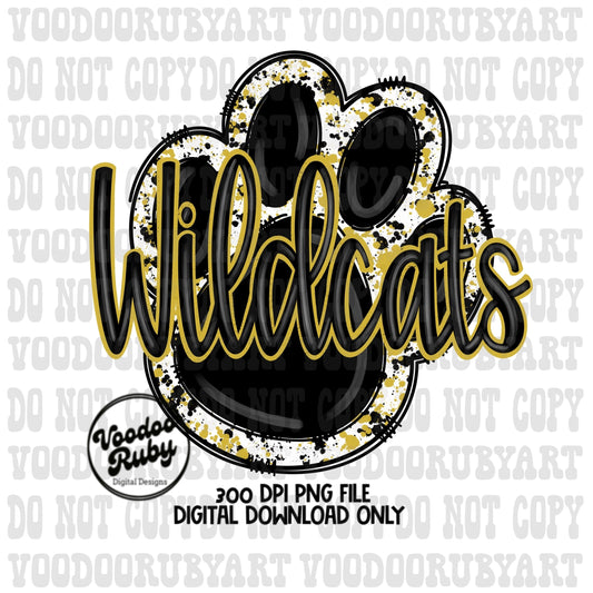 Wildcats PNG Design Sublimation Hand Drawn Digital Download Football Gold Wildcats Paw Print PNG DTF Printable Mascot Clip Art