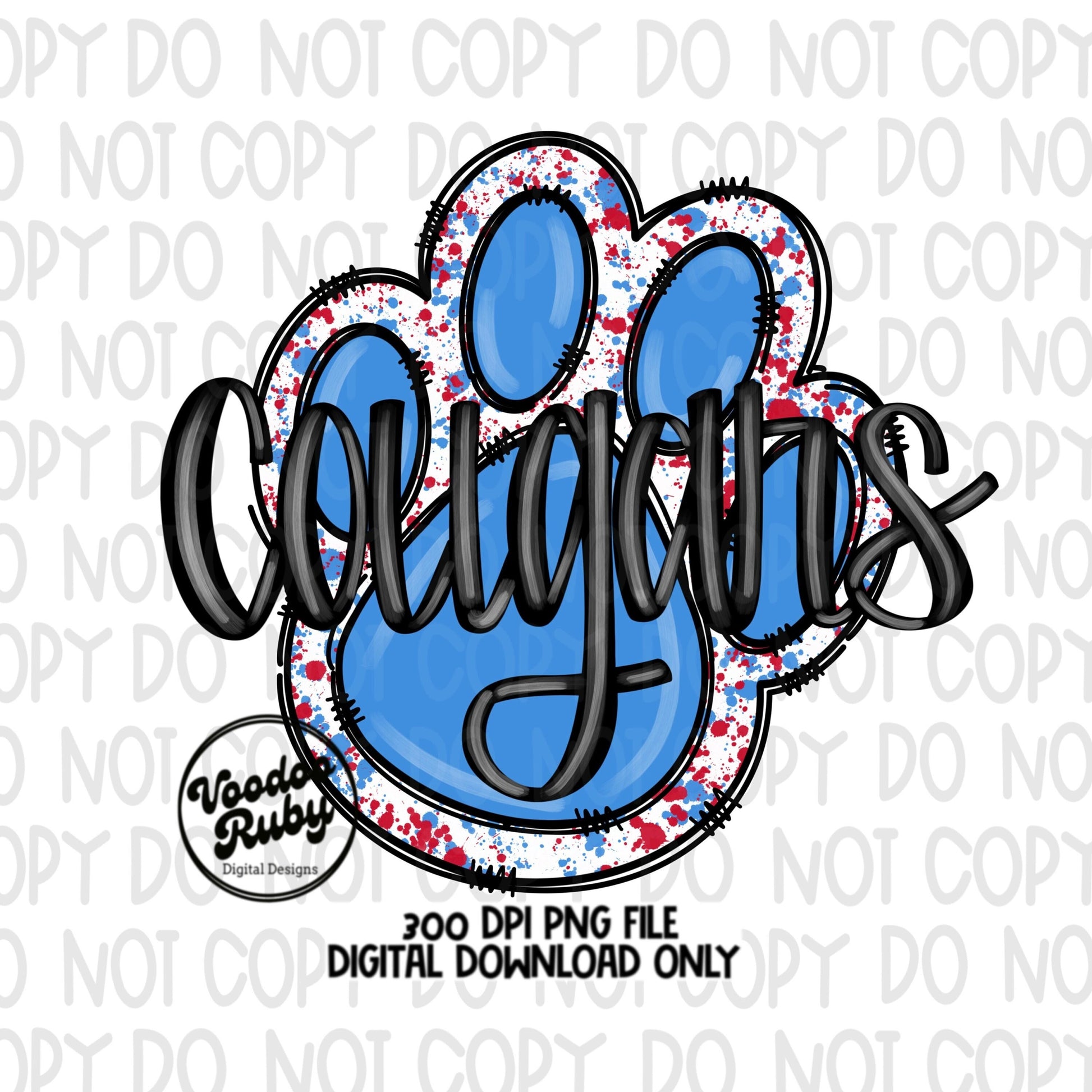 Cougars PNG Design Sublimation Hand Drawn Digital Download Blue Red Cougars png Football Mascot Paw Print DTF Printable Clip Art