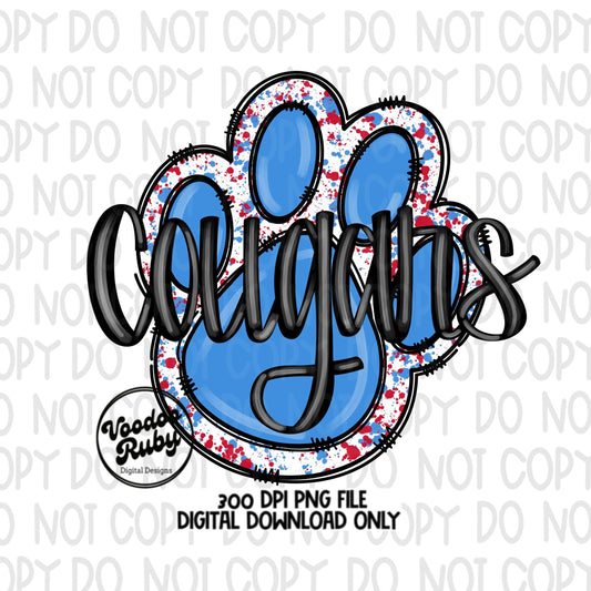 Cougars PNG Design Sublimation Hand Drawn Digital Download Blue Red Cougars png Football Mascot Paw Print DTF Printable Clip Art