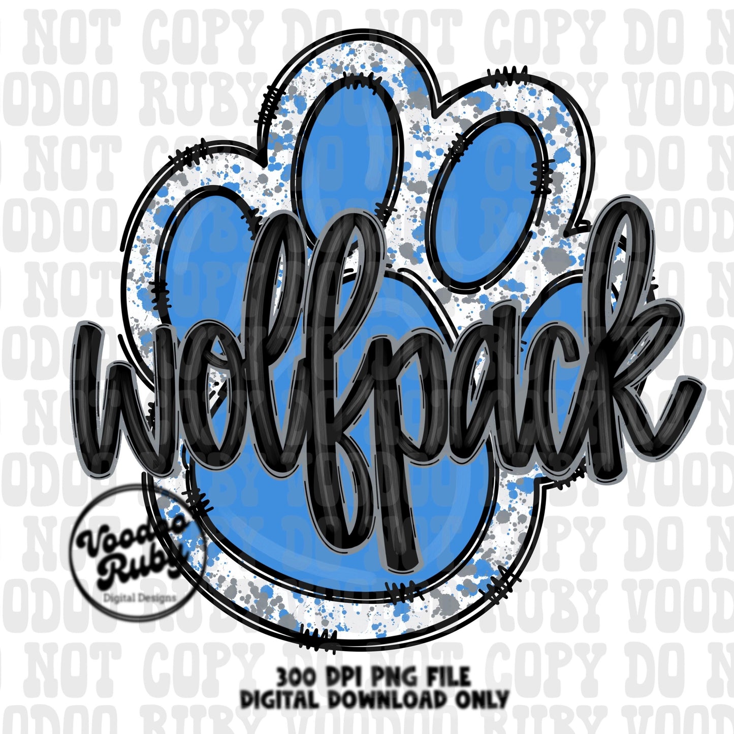 Wolfpack PNG Design Hand Drawn Digital Download Football PNG Sublimation Light Blue Wolfpack Silver Gray Paw Print Mascot DTF Printable