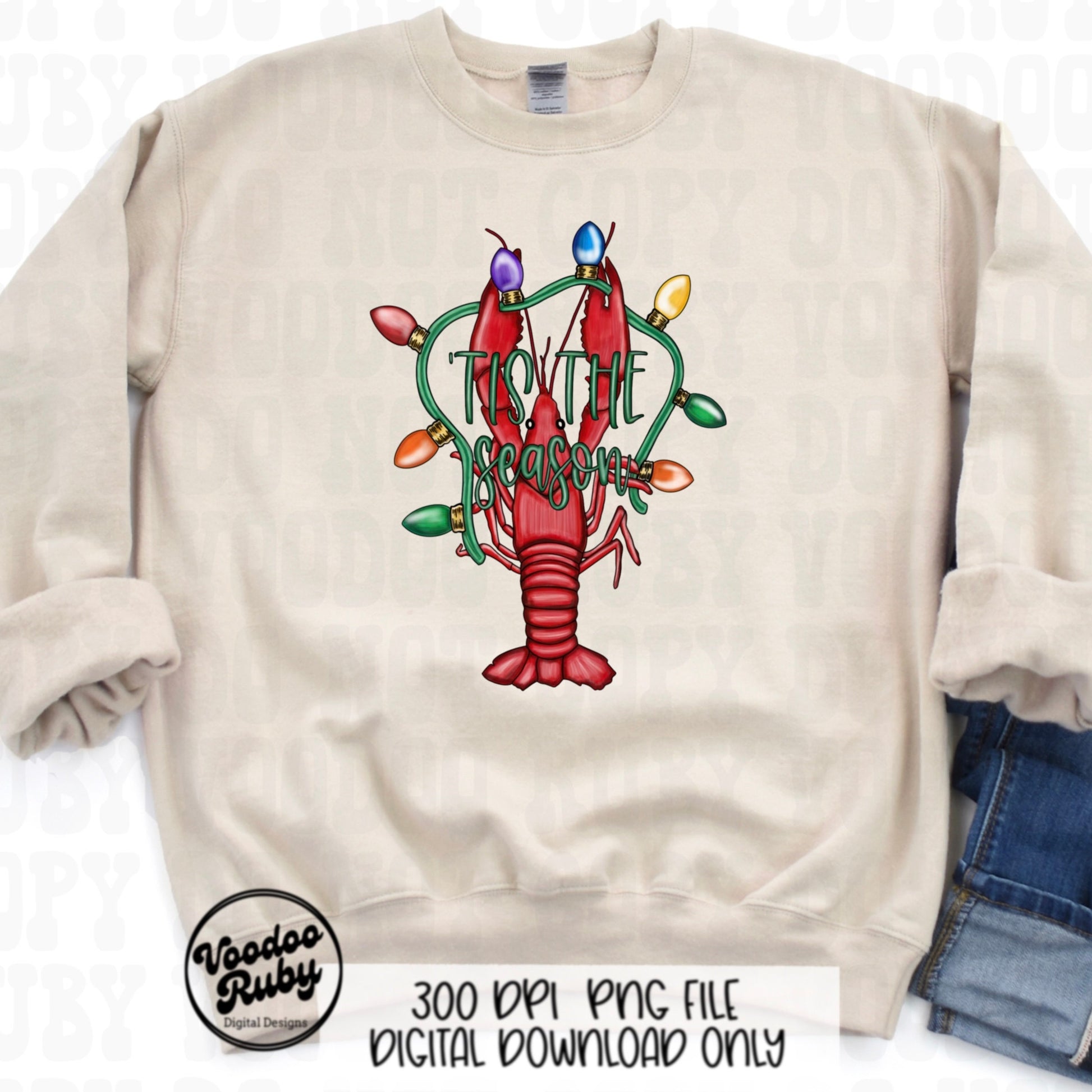 Christmas Crawfish PNG Design Merry Christmas png Hand Drawn Digital Download Tis The Season PNG Christmas Lights Cajun Christmas DTF