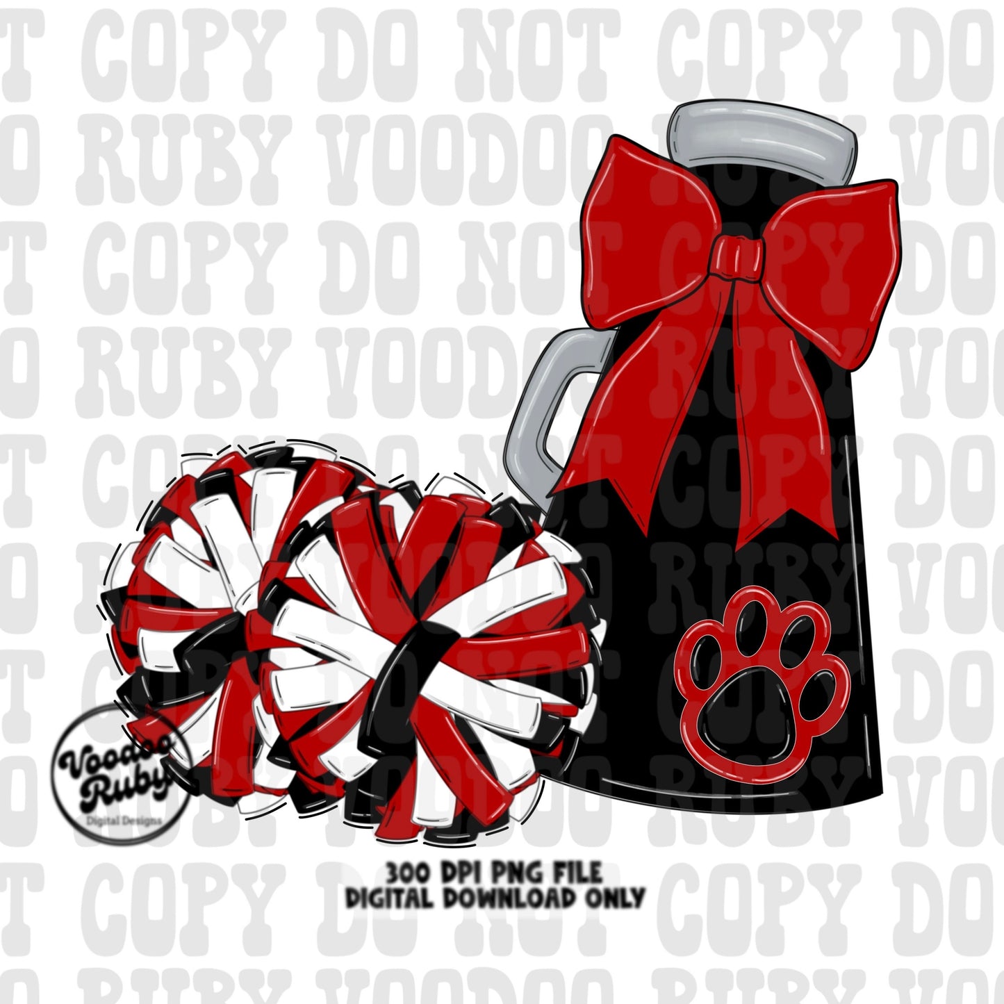 Red and Black Cheer PNG Design Sublimation Hand Drawn Digital Download Red Black Cheer Megaphone png Cheerleader Clip Art DTF Printable